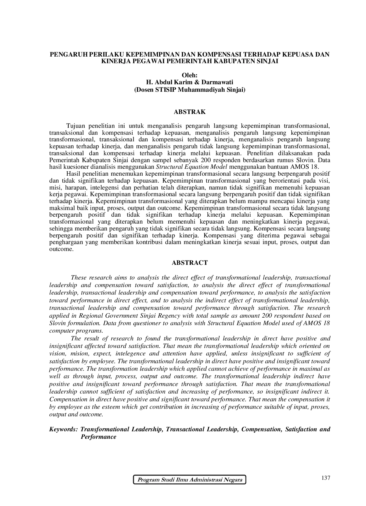 JURIS Pengaruh Perilaku Kepemimpinan dan Kompensasi Terhadap Kepuasan dan Kinerja Pegawai Pemerintah Kabupaten Sinjai