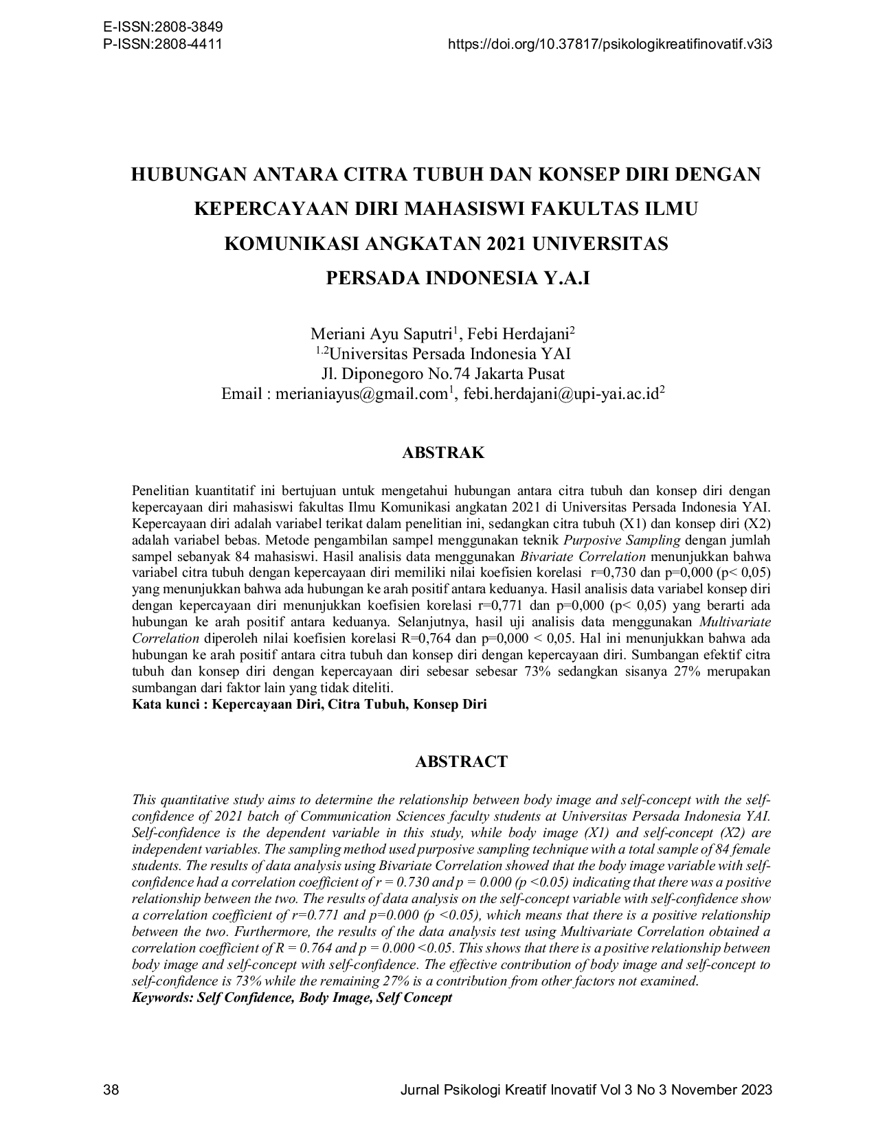 JURIS Hubungan Antara Citra Tubuh Dan Konsep diri dengan Kepercayaan diri Mahasiswi Fakultas Ilmu Komunikasi Angkatan 2021 Universitas Persada Indonesia Y A I