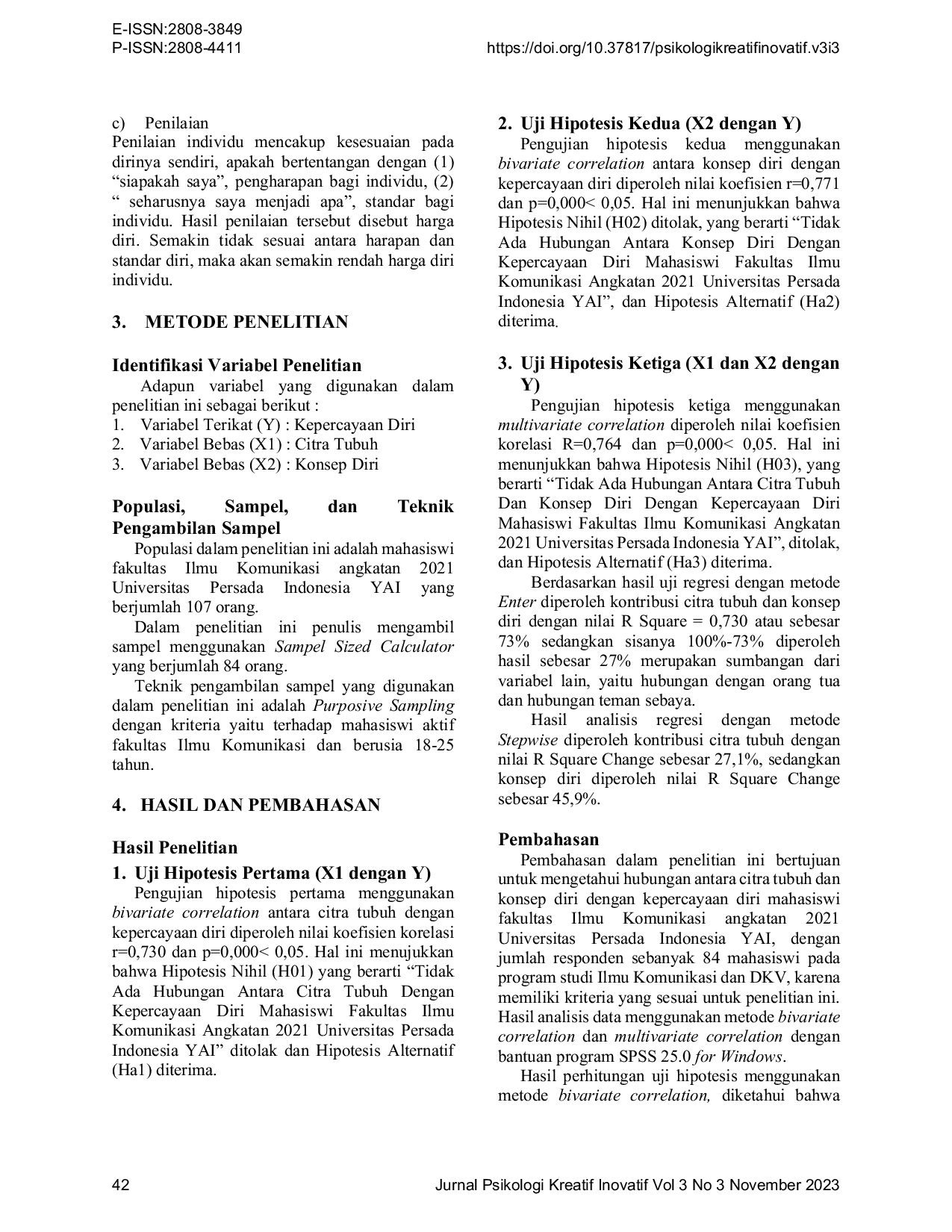 JURIS Hubungan Antara Citra Tubuh Dan Konsep diri dengan Kepercayaan diri Mahasiswi Fakultas Ilmu Komunikasi Angkatan 2021 Universitas Persada Indonesia Y A I