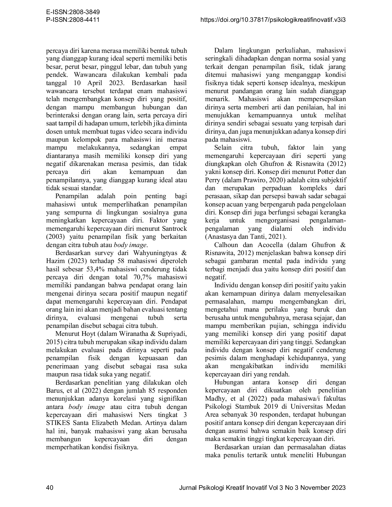 JURIS Hubungan Antara Citra Tubuh Dan Konsep diri dengan Kepercayaan diri Mahasiswi Fakultas Ilmu Komunikasi Angkatan 2021 Universitas Persada Indonesia Y A I