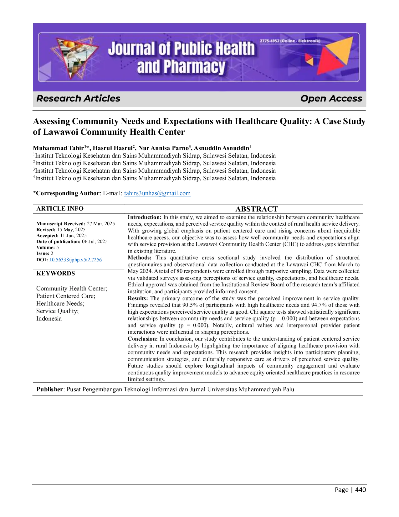 JURIS Menilai Kebutuhan dan Ekspektasi Masyarakat dengan Kualitas Pelayanan Kesehatan Studi Kasus Pusat Kesehatan Masyarakat Lawawoi