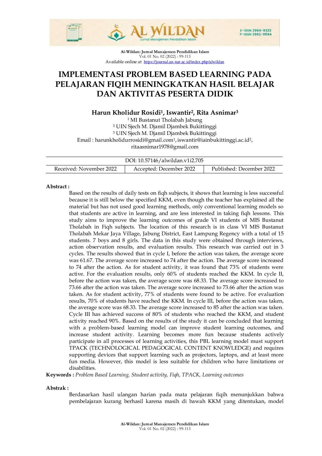 JURIS Implementasi Problem Based Learning Pada Pelajaran Fiqih Meningkatkan Hasil Belajar Dan Aktivitas Peserta Didik