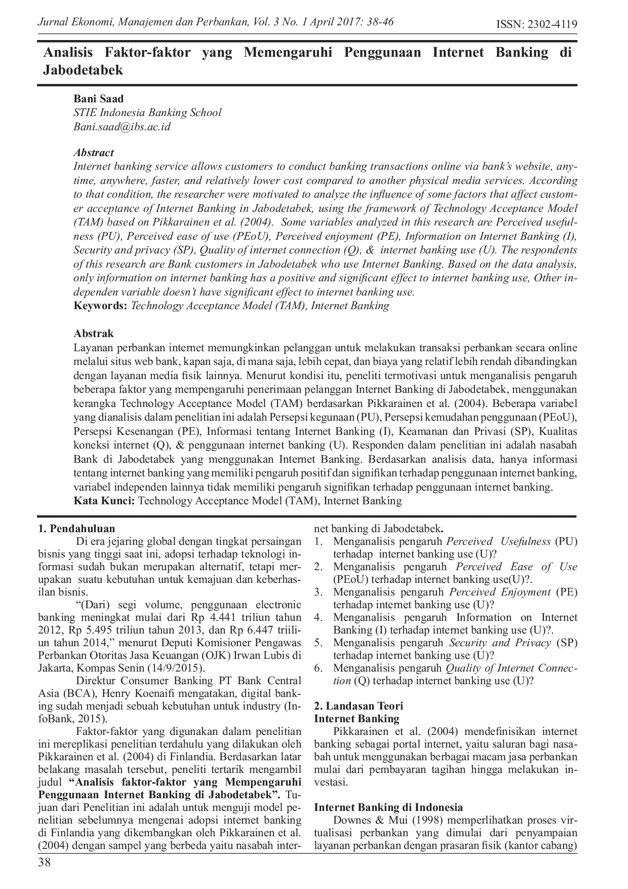 JURIS Analisis Faktor faktor yang Memengaruhi Penggunaan Internet Banking di Jabodetabek