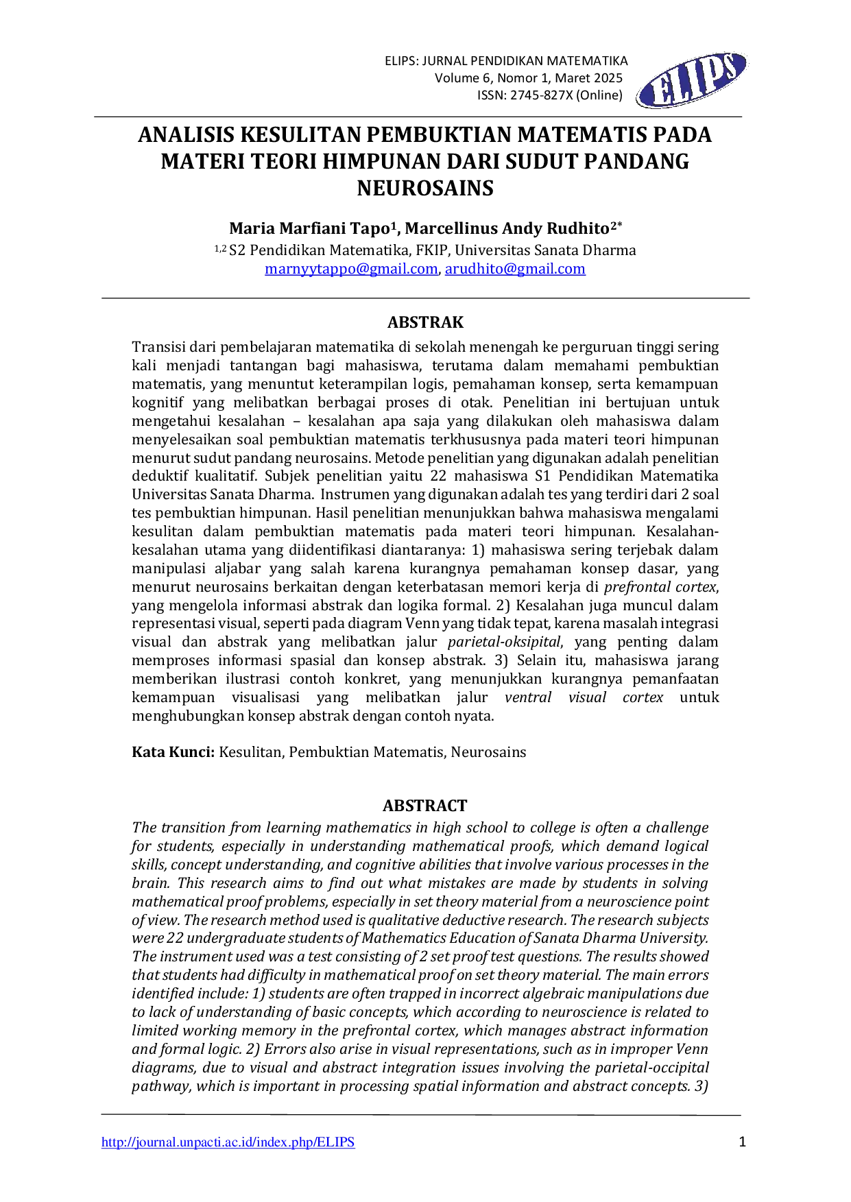 JURIS Analisis Kesulitan Pembuktian Matematis Pada Materi Teori Himpunan Dari Sudut Pandang Neurosains