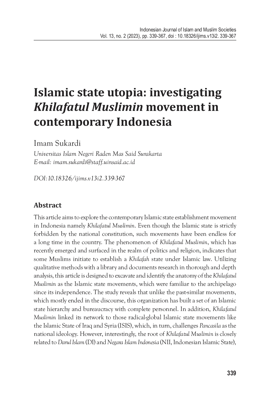 JURIS Islamic state utopia investigating khilafatul muslimin movement in contemporary Indonesia