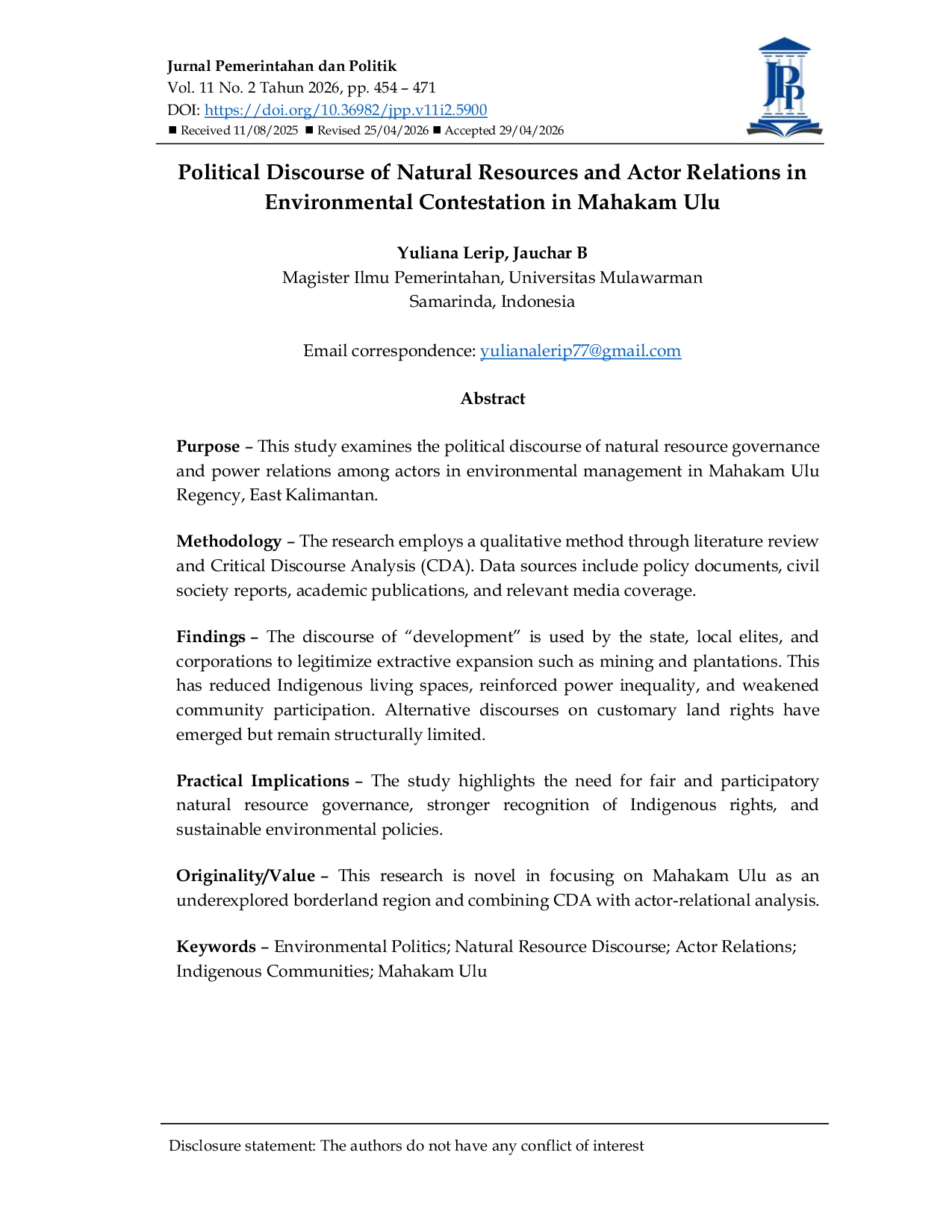 JURIS Political Discourse of Natural Resources and Actor Relations in Environmental Contestation in Mahakam Ulu Diskursus Politik Sumber Daya Alam dan Relasi Aktor dalam Kontestasi Lingkungan di Mahakam Ul