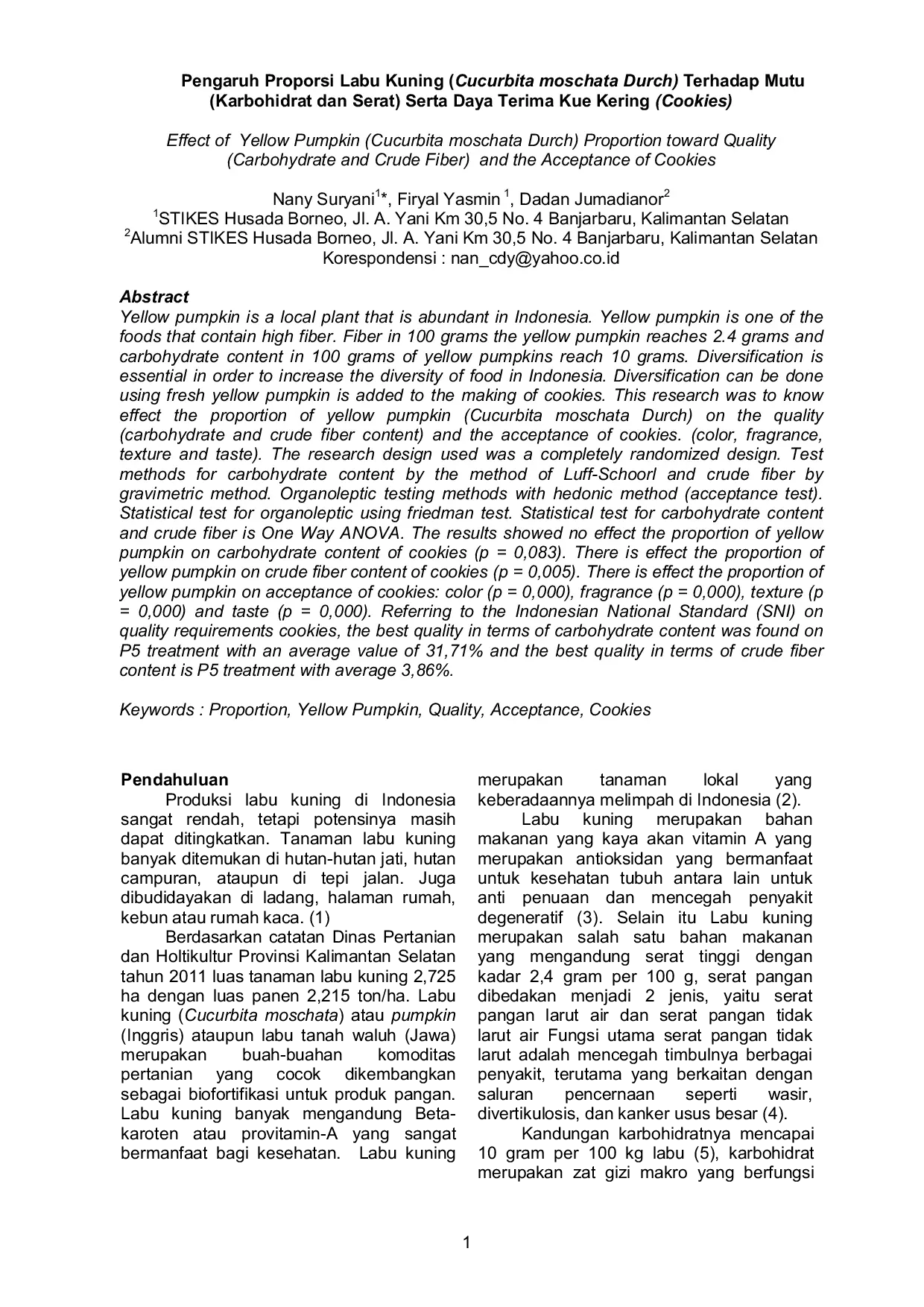 JURIS Pengaruh Proporsi Labu Kuning Cucurbita Moschata Durch Terhadap Mutu Karbohidrat Dan Serat Serta Daya Terima Kue Kering Cookies