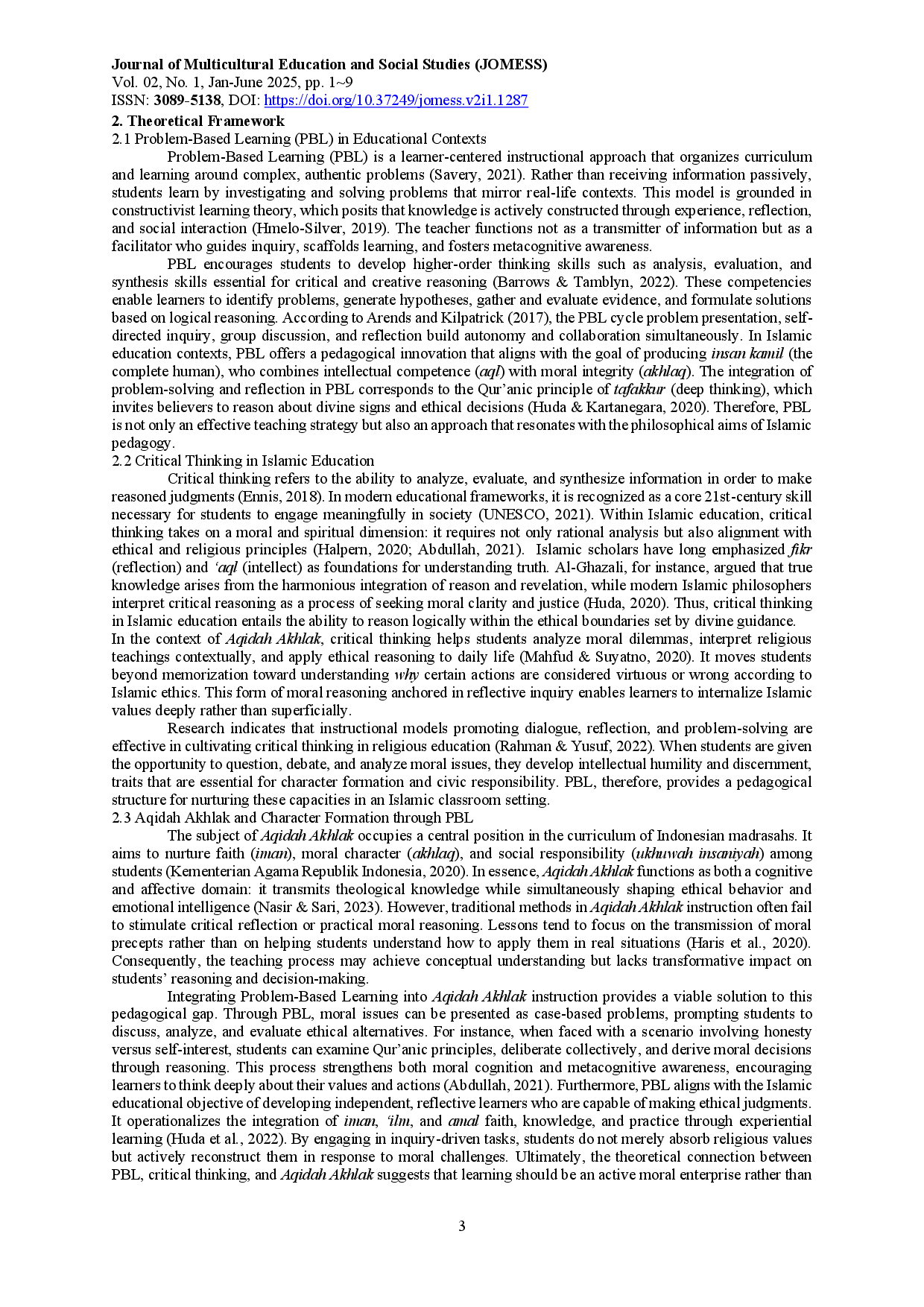juris The Effectiveness of the Problem Based Learning PBL Model in Improving Students Critical Thinking Skills in the Aqidah Akhlak Subject at Madrasah Ibtidaiyah Negeri MIN 1 Aceh Tengah