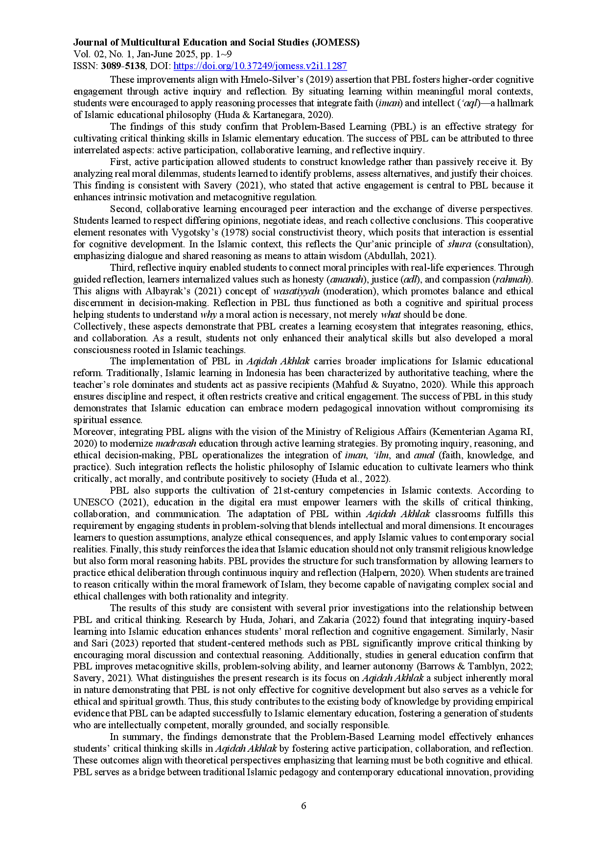 juris The Effectiveness of the Problem Based Learning PBL Model in Improving Students Critical Thinking Skills in the Aqidah Akhlak Subject at Madrasah Ibtidaiyah Negeri MIN 1 Aceh Tengah