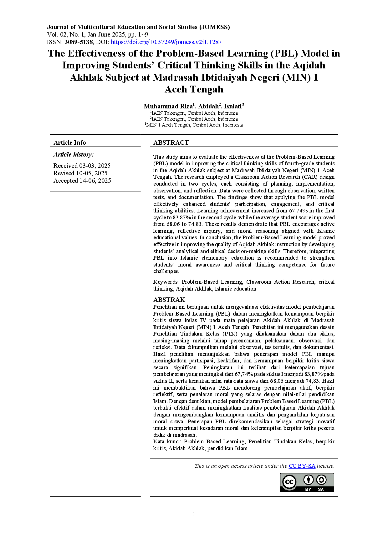 juris The Effectiveness of the Problem Based Learning PBL Model in Improving Students Critical Thinking Skills in the Aqidah Akhlak Subject at Madrasah Ibtidaiyah Negeri MIN 1 Aceh Tengah