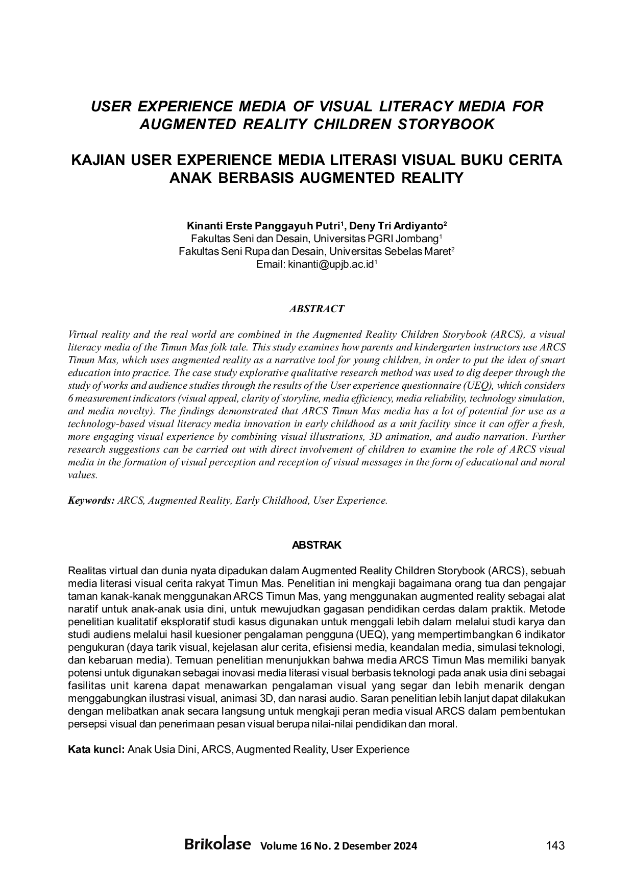 JURIS The Kajian User Experience Media Literasi Visual Buku Cerita Anak Berbasis Augmented Reality