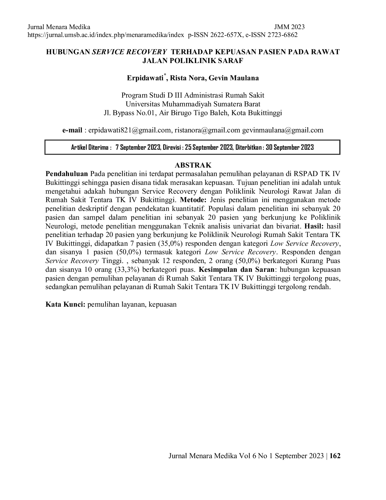JURIS Hubungan Service Recovery Terhadap Kepuasan Pasien Pada Rawat Jalan Poliklinik Saraf