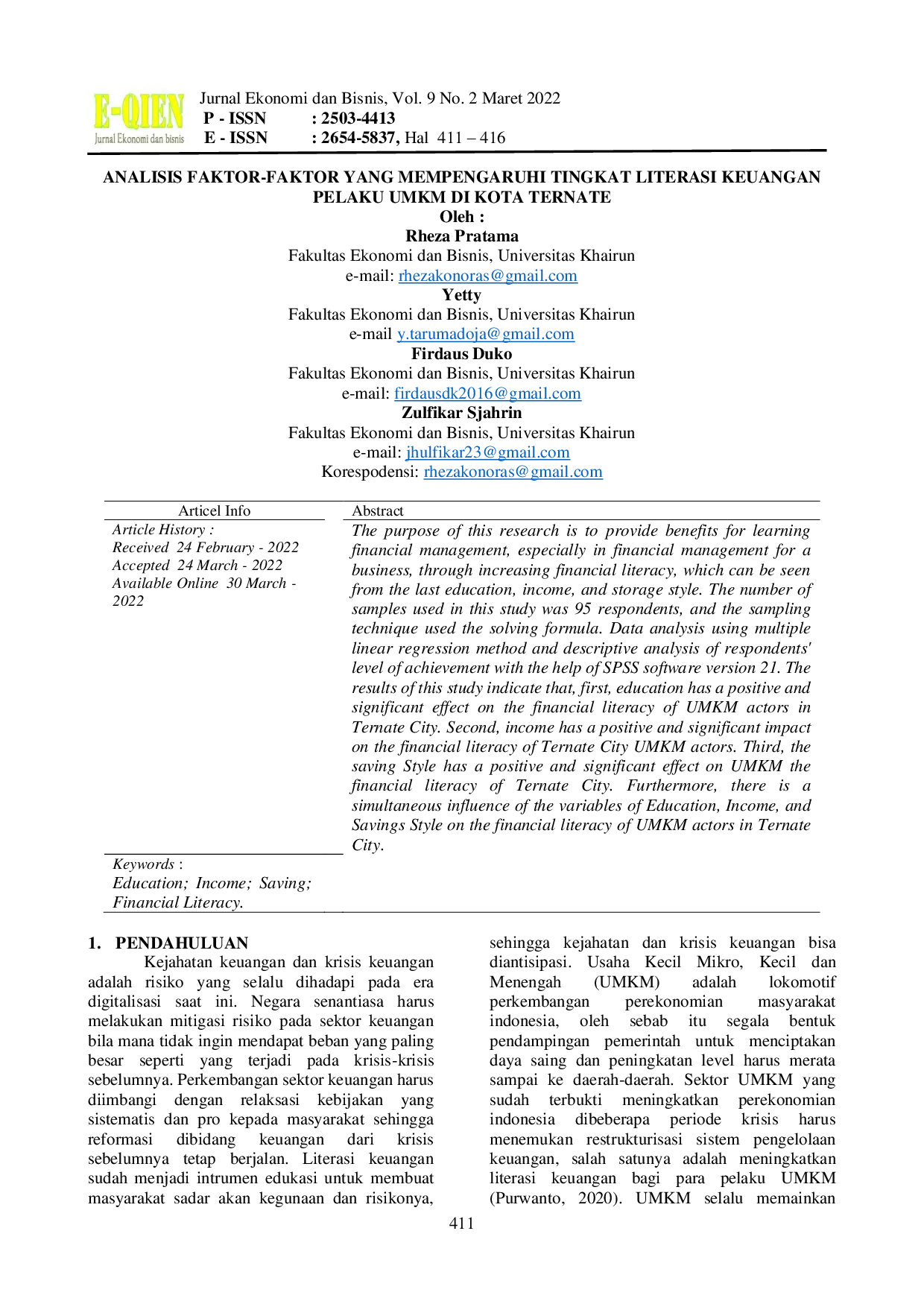 JURIS Analisis Faktor Faktor yang Mempengaruhi Tingkat Literasi Keuangan Pelaku UMKM di Kota Ternate