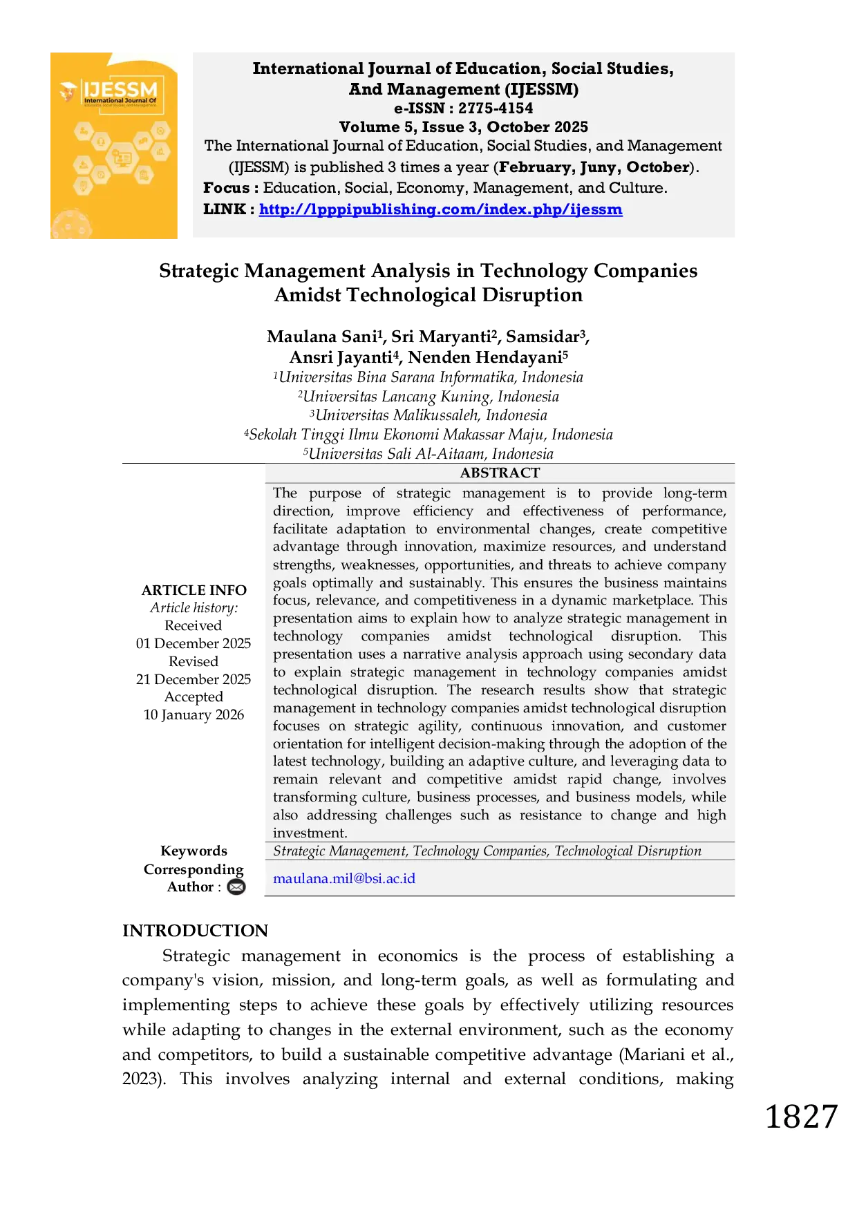 JURIS Strategic Management Analysis in Technology Companies Amidst Technological Disruption