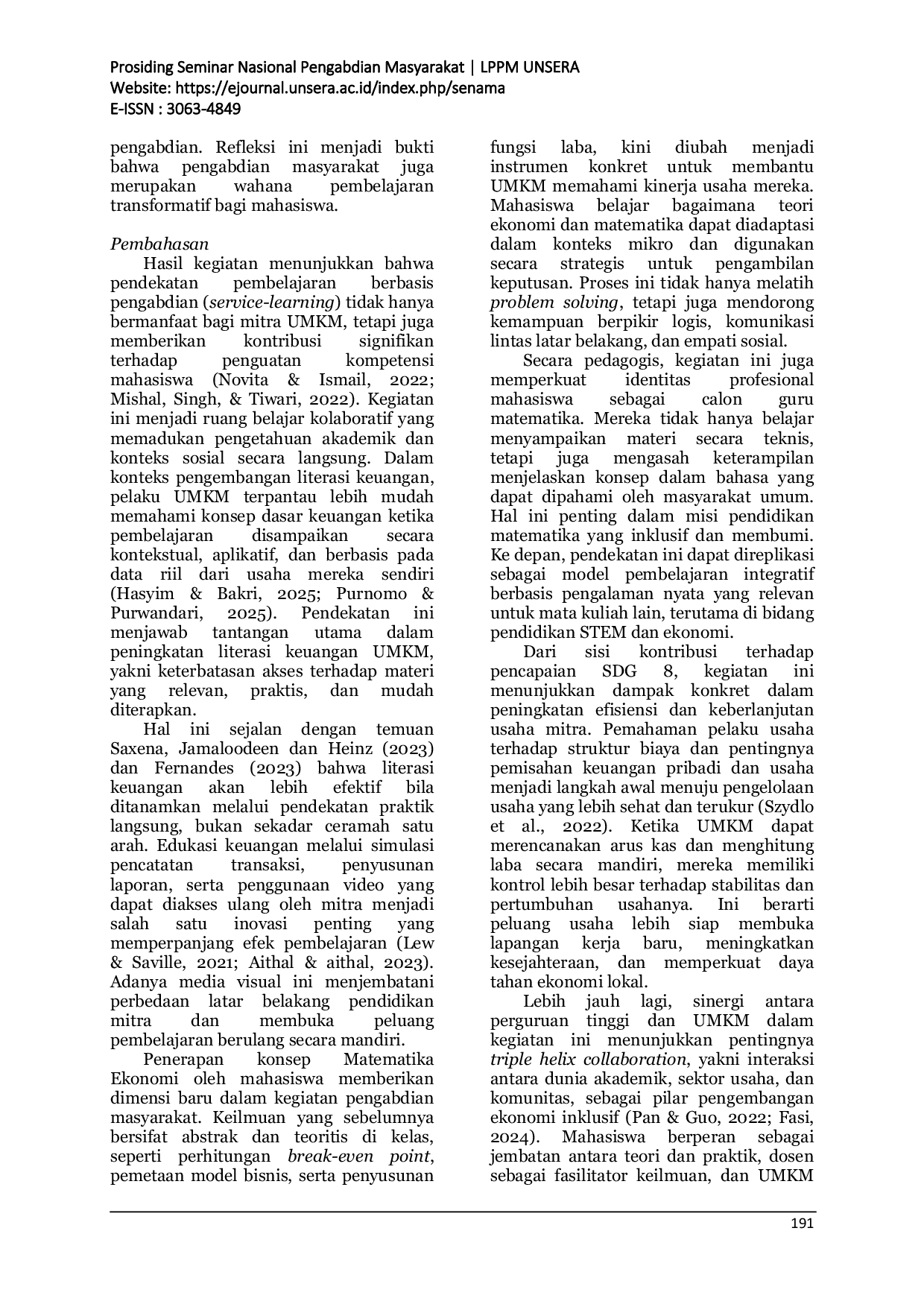 JURIS Pemberdayaan Mahasiswa Melalui Analisis Usaha untuk Penguatan Literasi Keuangan UMKM dalam Kerangka SDG 8 Pekerjaan Layak dan Pertumbuhan Ekonomi