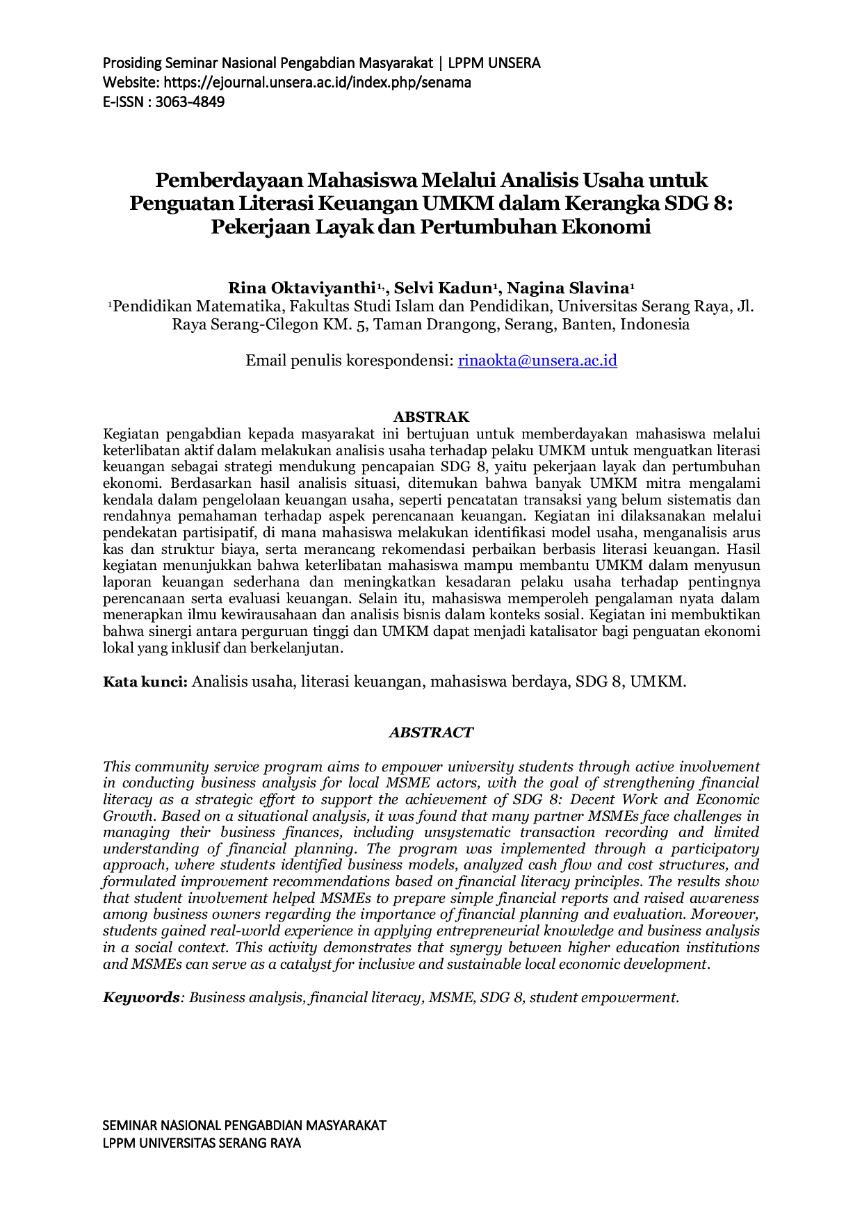 JURIS Pemberdayaan Mahasiswa Melalui Analisis Usaha untuk Penguatan Literasi Keuangan UMKM dalam Kerangka SDG 8 Pekerjaan Layak dan Pertumbuhan Ekonomi