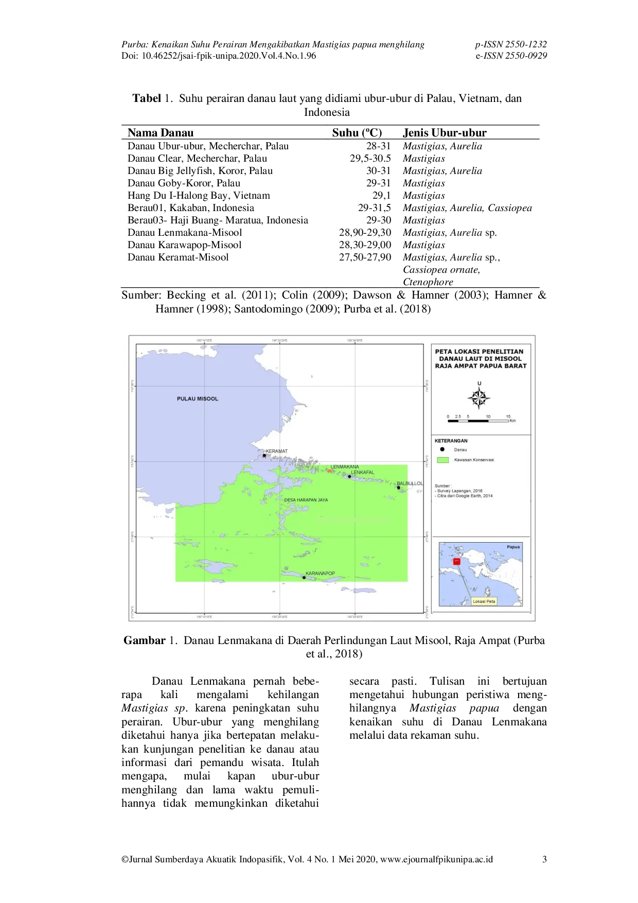 JURIS Kenaikan Suhu Perairan Mengakibatkan Mastigias papua Menghilang Di Danau Laut Lenmakana Misool Kabupaten Raja Ampat Papua Barat