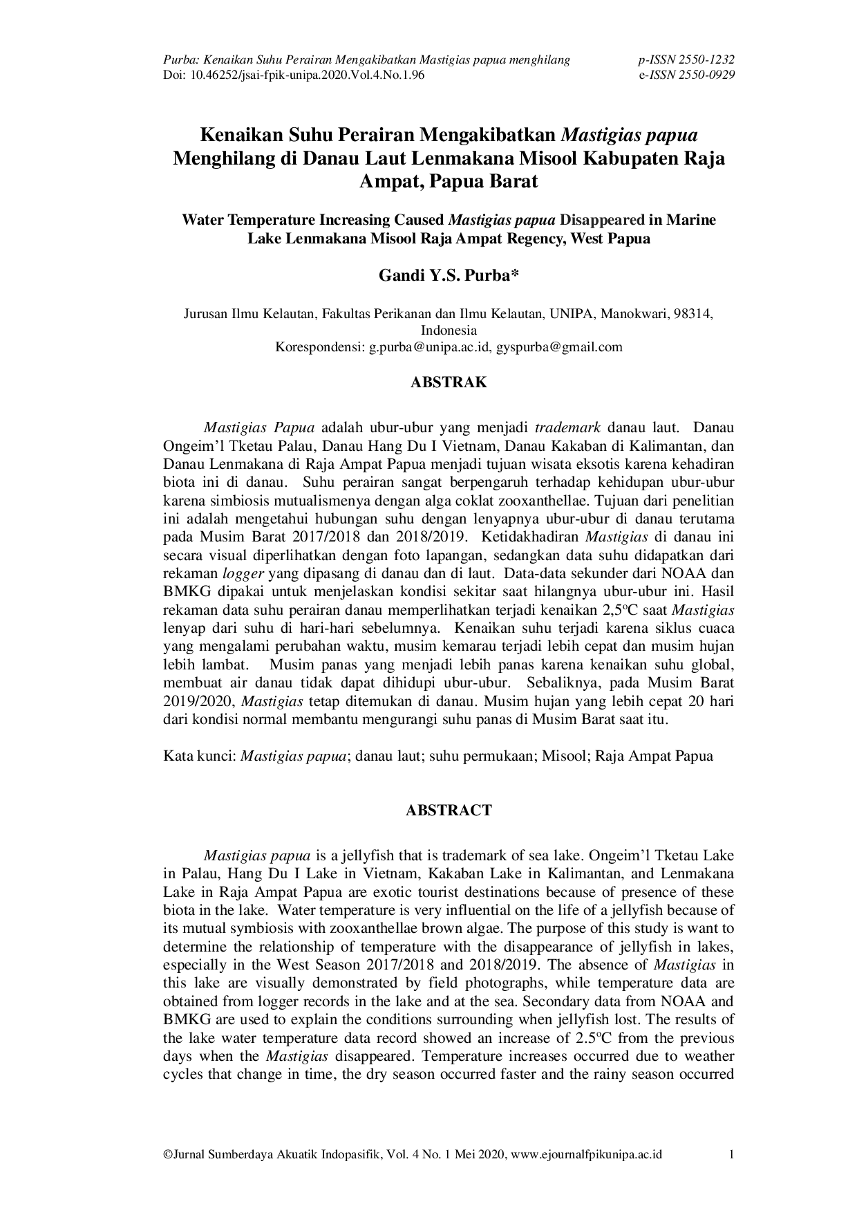JURIS Kenaikan Suhu Perairan Mengakibatkan Mastigias papua Menghilang Di Danau Laut Lenmakana Misool Kabupaten Raja Ampat Papua Barat