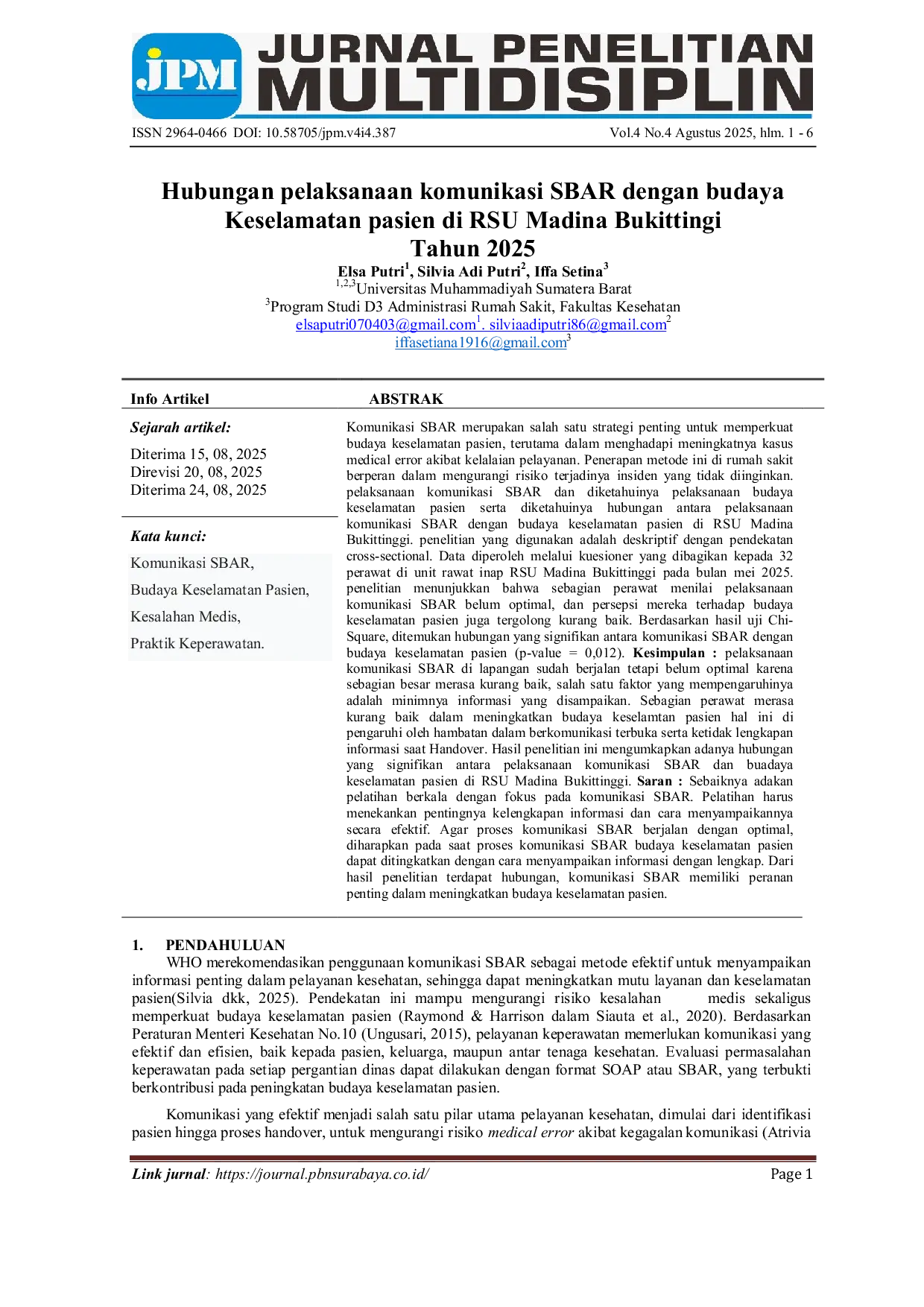 JURIS Hubungan pelaksanaan komunikasi SBAR dengan budaya Keselamatan pasien di RSU Madina Bukittingi Tahun 2025