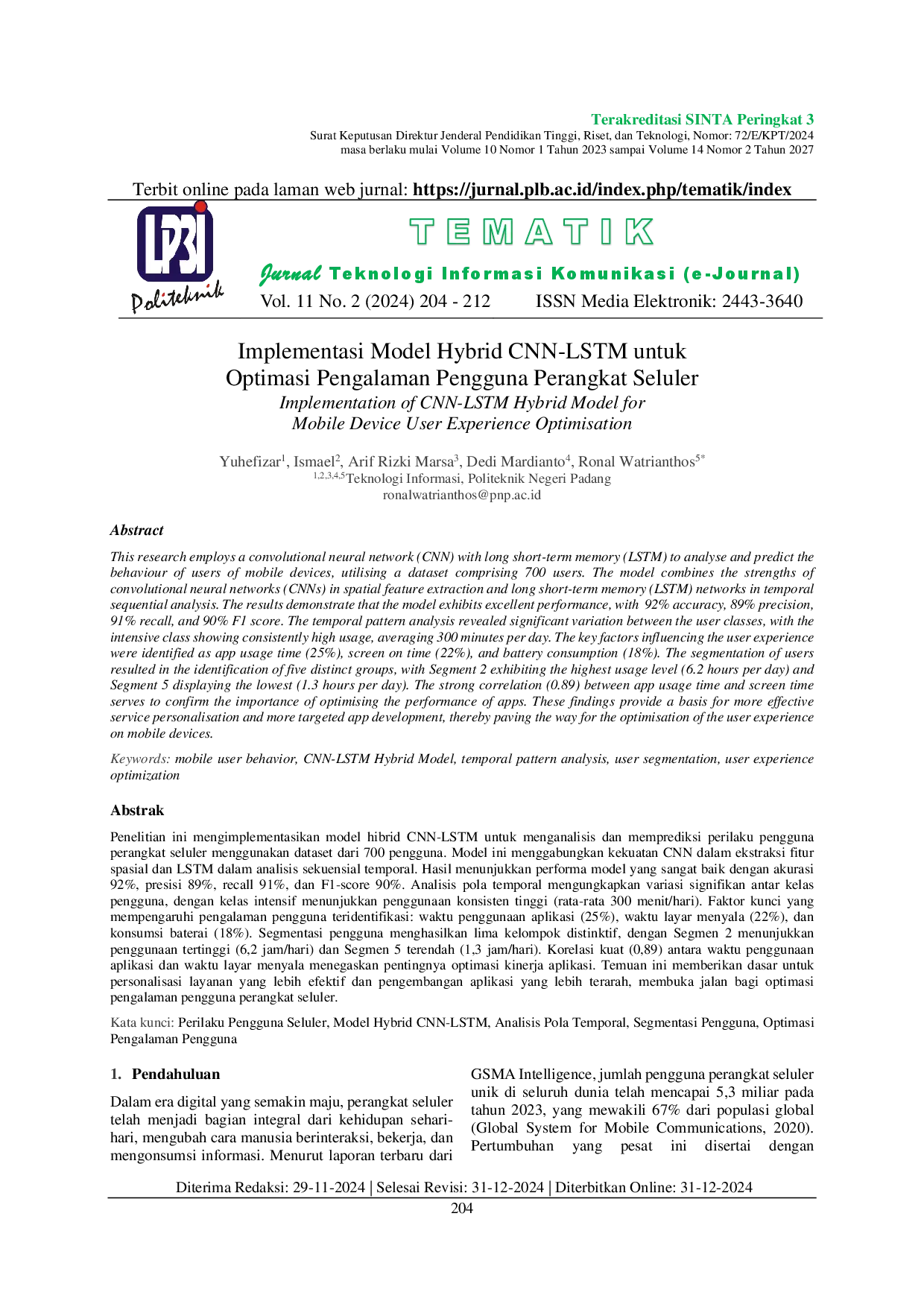 juris Implementasi Model Hybrid CNN LSTM untuk Optimasi Pengalaman Pengguna Perangkat Seluler