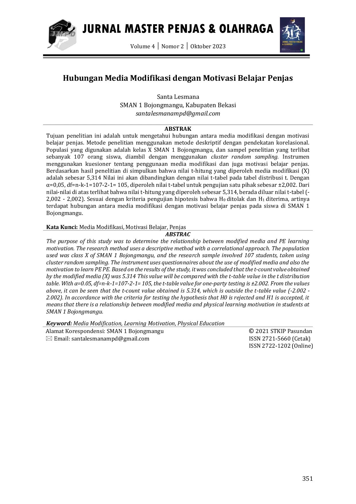 JURIS Hubungan Media Modifikasi dengan Motivasi Belajar Penjas