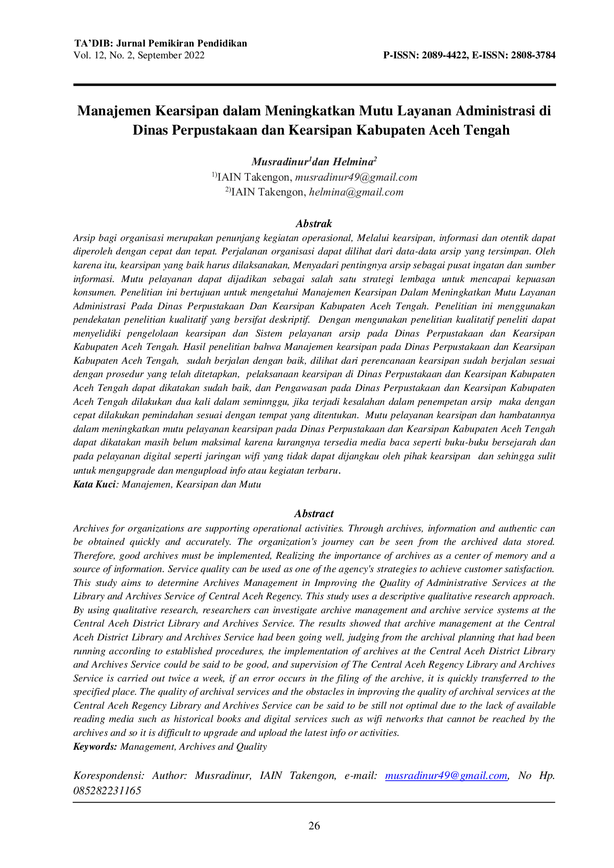 JURIS Manajemen Kearsipan dalam Meningkatkan Mutu Layanan Administrasi di Dinas Perpustakaan dan Kearsipan Kabupaten Aceh Tengah