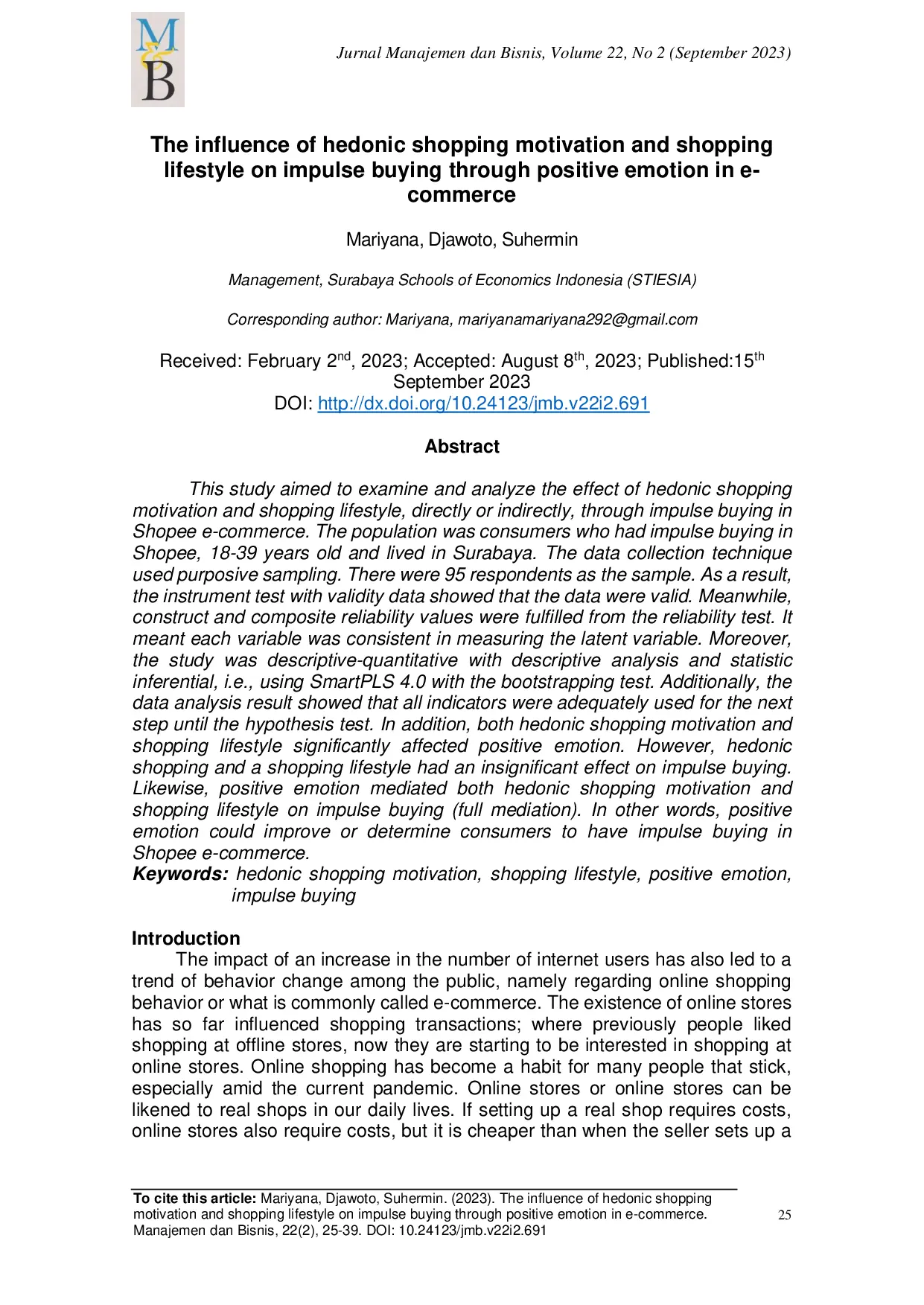 JURIS The Influence Of Hedonic Shopping Motivation And Shopping Lifestyle On Impulse Buying Through Positive Emotion In E Commerce