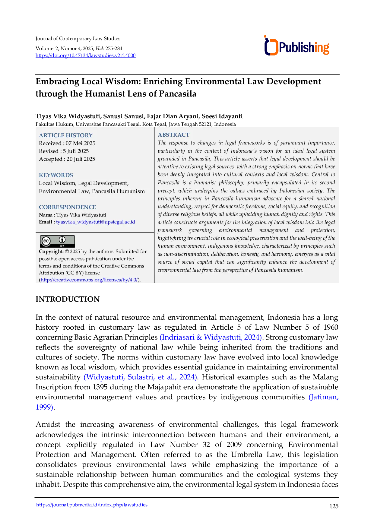 JURIS Embracing Local Wisdom Enriching Environmental Law Development through the Humanist Lens of Pancasila