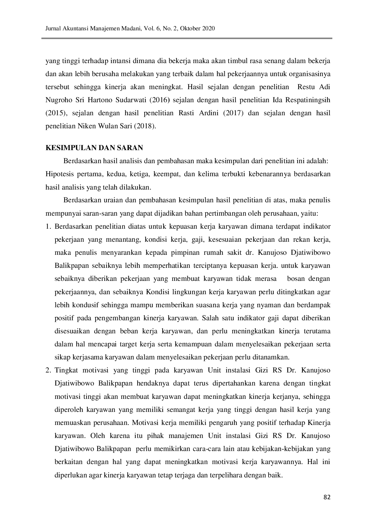JURIS Pengaruh Kepuasan Kerja Motivasi Dan Komitmen Organisasi Terhadap Kinerja Pegawai Unit Instalasi Gizi Rumah Sakit Dr Kanujoso Djatiwibowo Di Balikpapan