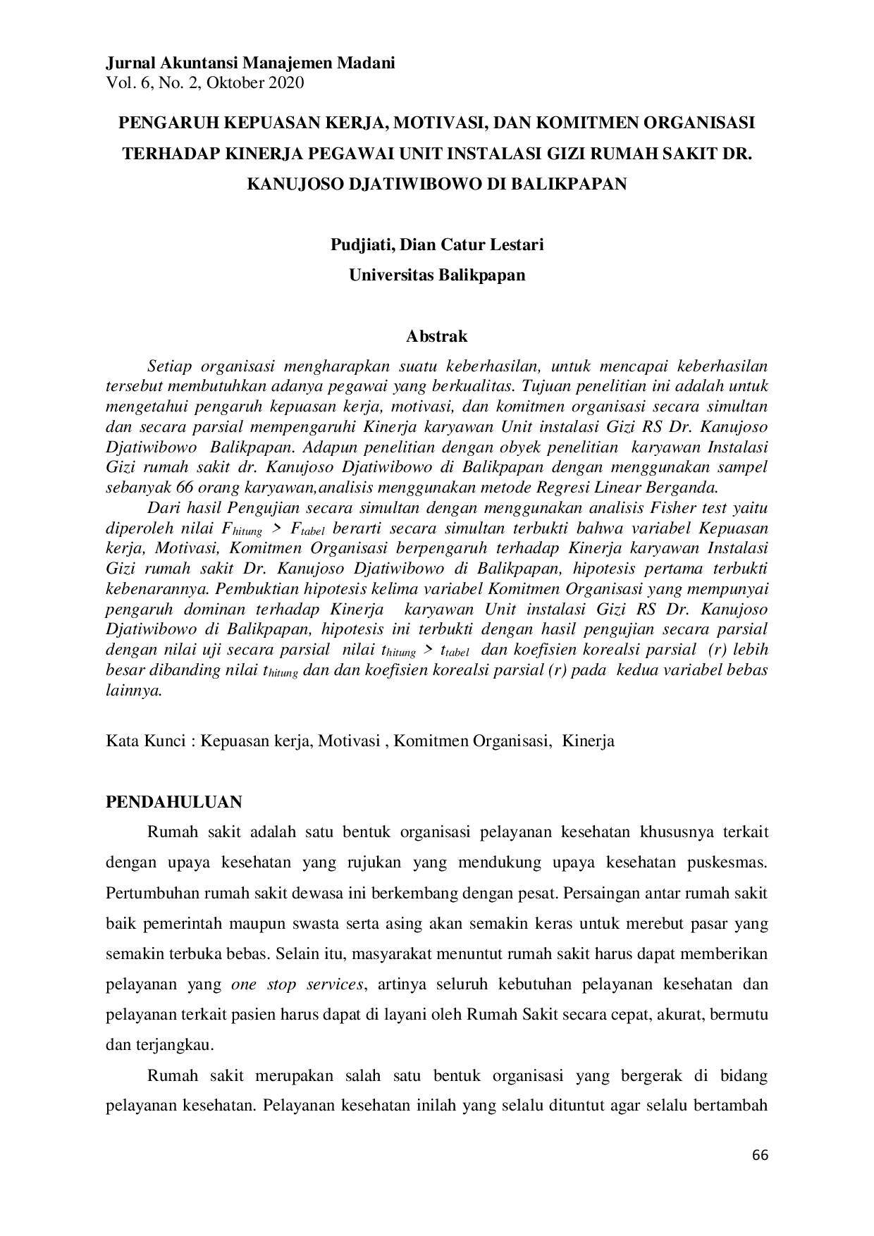 JURIS Pengaruh Kepuasan Kerja Motivasi Dan Komitmen Organisasi Terhadap Kinerja Pegawai Unit Instalasi Gizi Rumah Sakit Dr Kanujoso Djatiwibowo Di Balikpapan