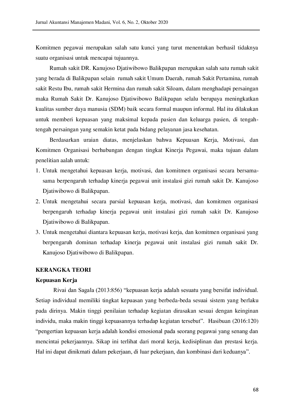 JURIS Pengaruh Kepuasan Kerja Motivasi Dan Komitmen Organisasi Terhadap Kinerja Pegawai Unit Instalasi Gizi Rumah Sakit Dr Kanujoso Djatiwibowo Di Balikpapan