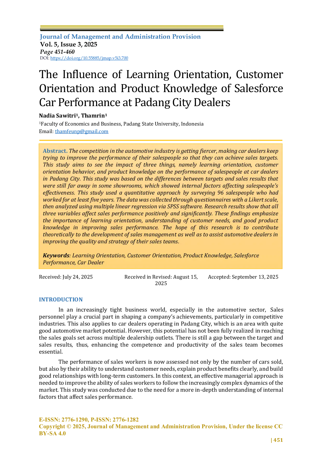 JURIS The Influence of Learning Orientation Customer Orientation and Product Knowledge of Salesforce Car Performance at Padang City Dealers