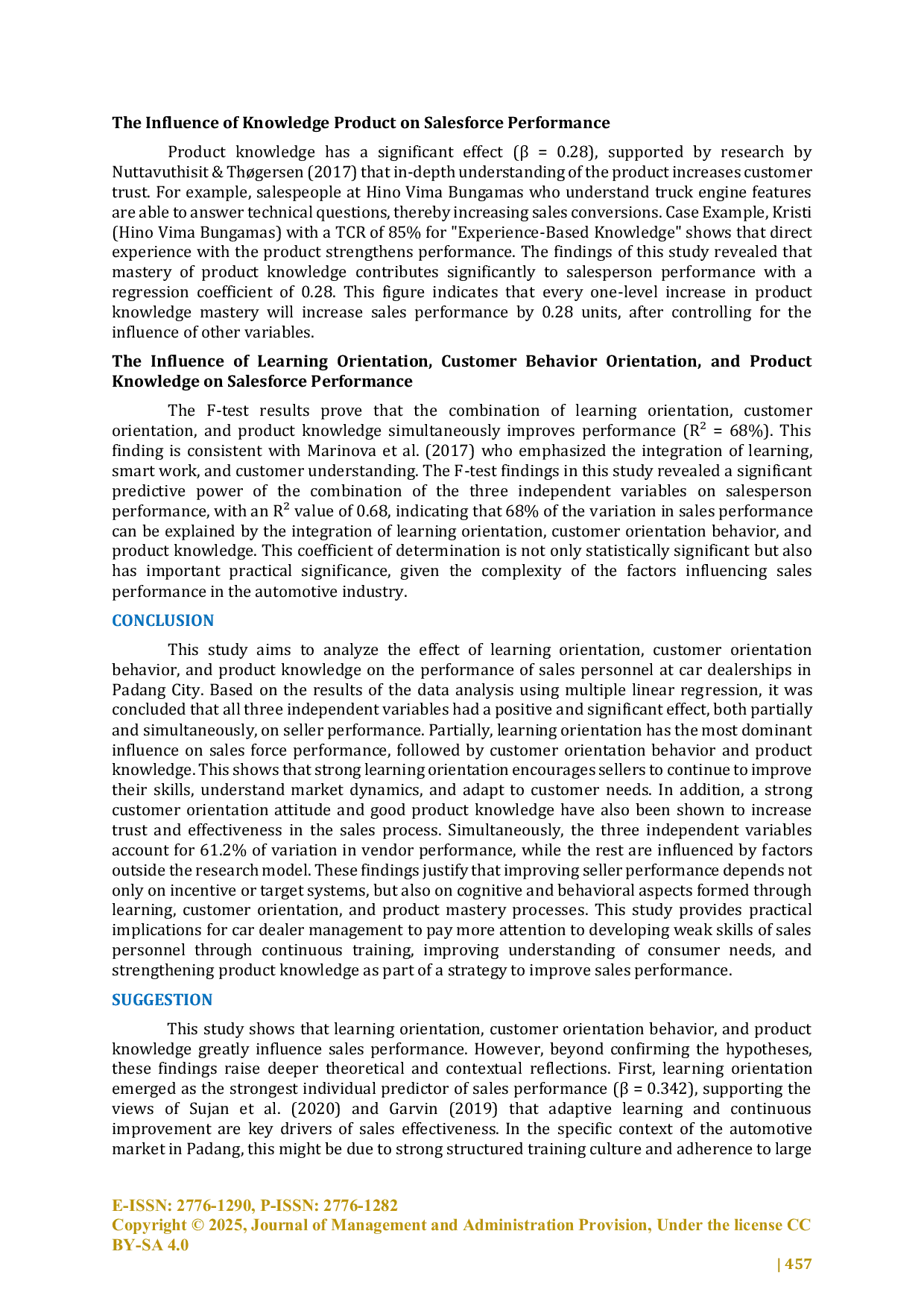 JURIS The Influence of Learning Orientation Customer Orientation and Product Knowledge of Salesforce Car Performance at Padang City Dealers
