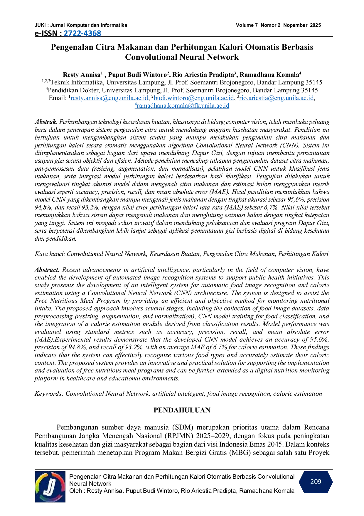 JURIS Pengenalan Citra Makanan dan Perhitungan Kalori Otomatis Berbasis Convolutional Neural Network