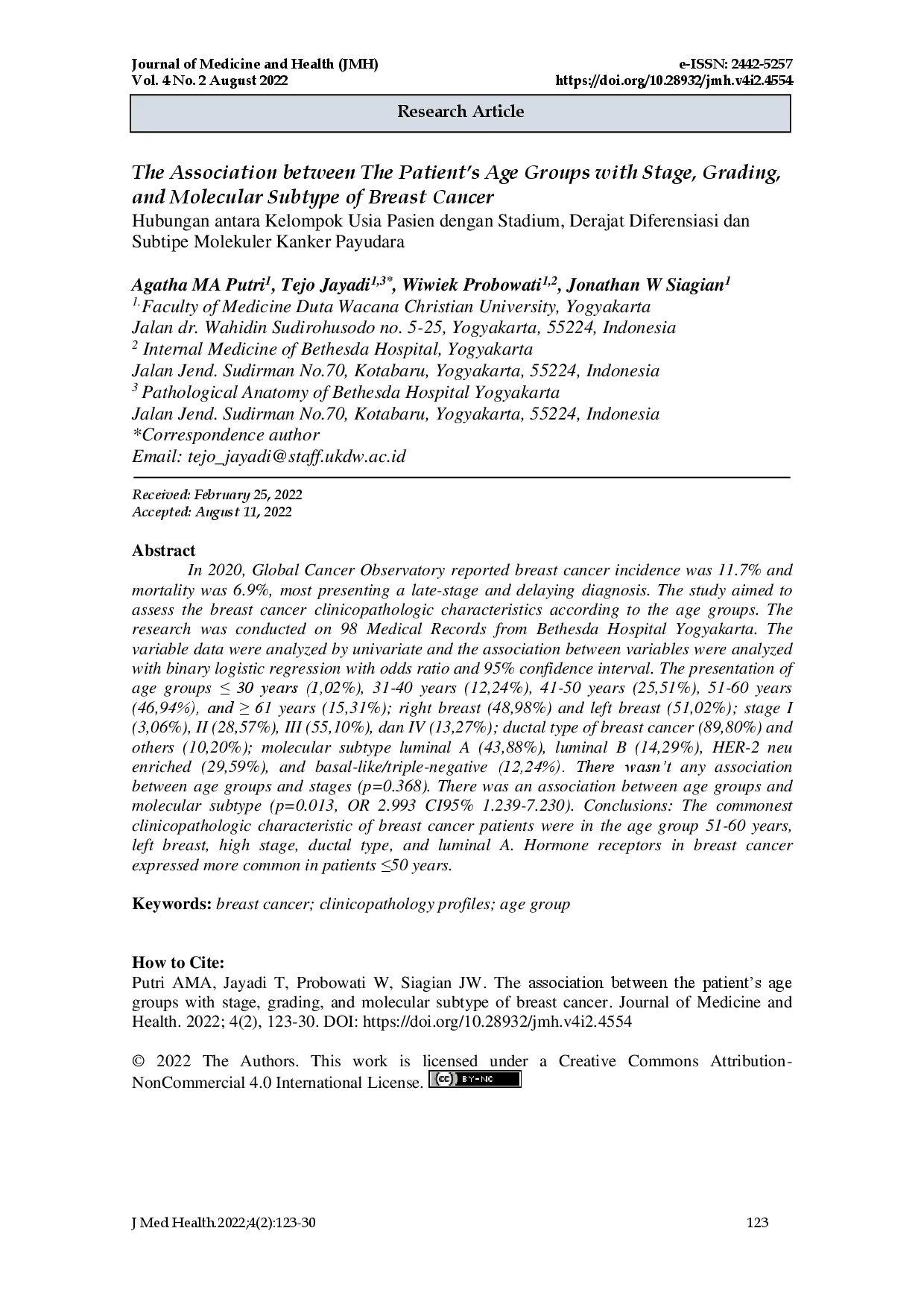 juris Hubungan Beberapa Karakteristik Kanker Payudara Berdasarkan Kelompok Usia