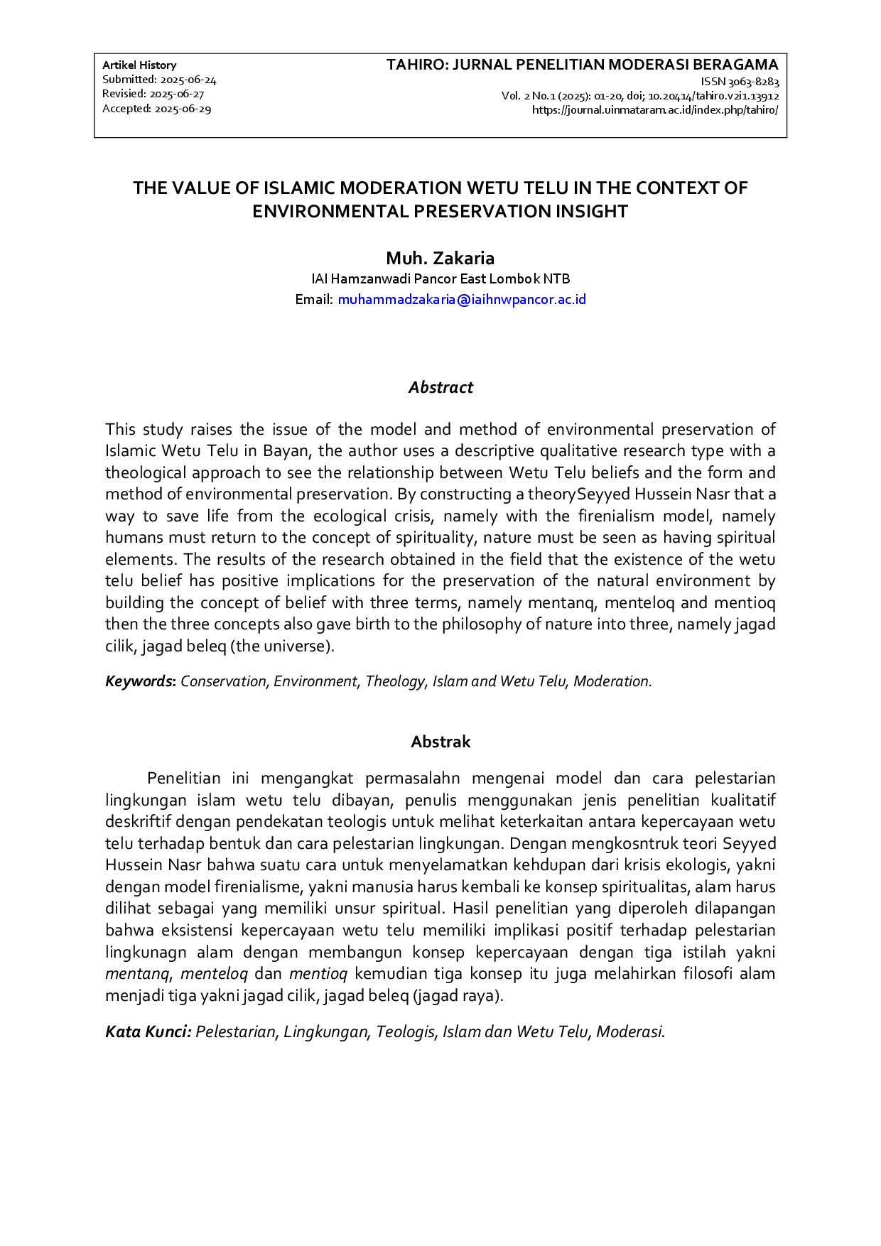 juris The Value Of Islamic Moderation Wetu Telu In The Context Of Environmental Preservation Insight