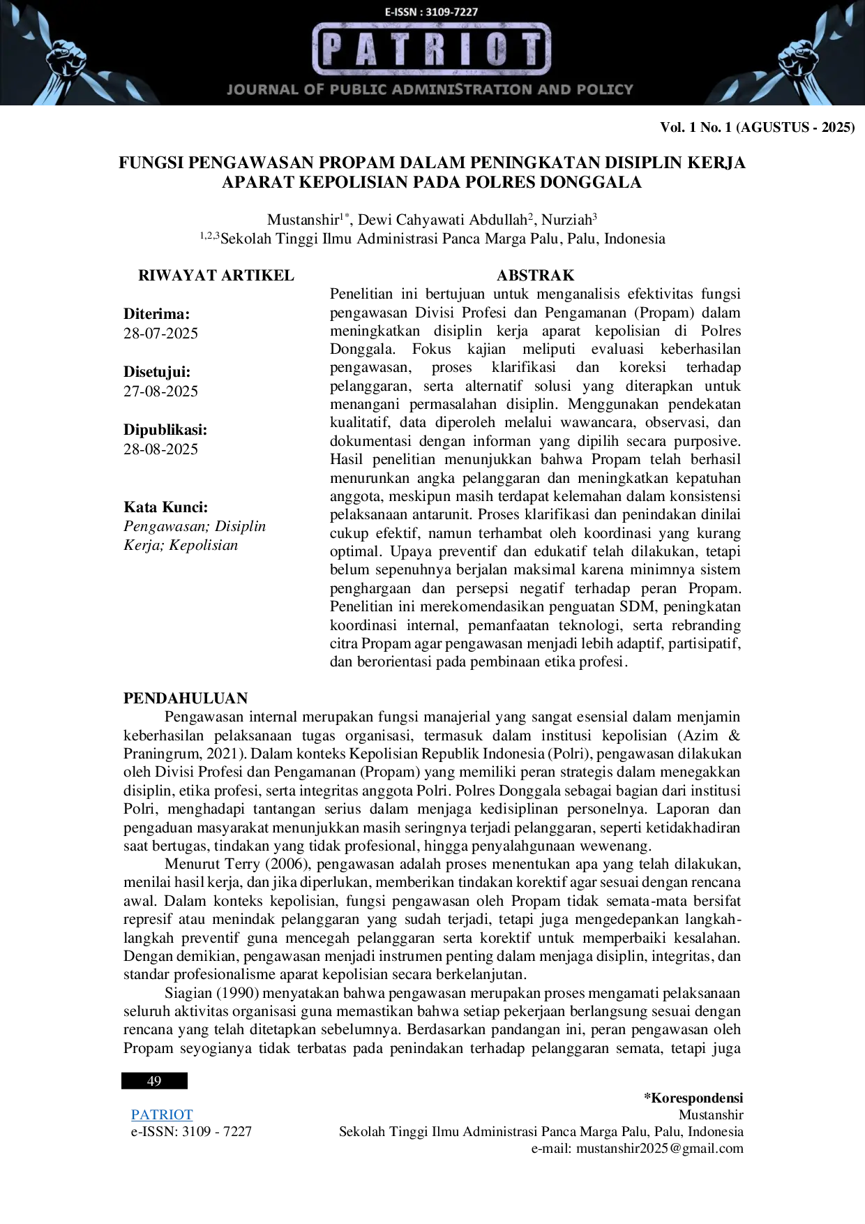 JURIS Fungsi Pengawasan Propam dalam Peningkatan Disiplin Kerja Aparat Kepolisian pada Polres Donggala