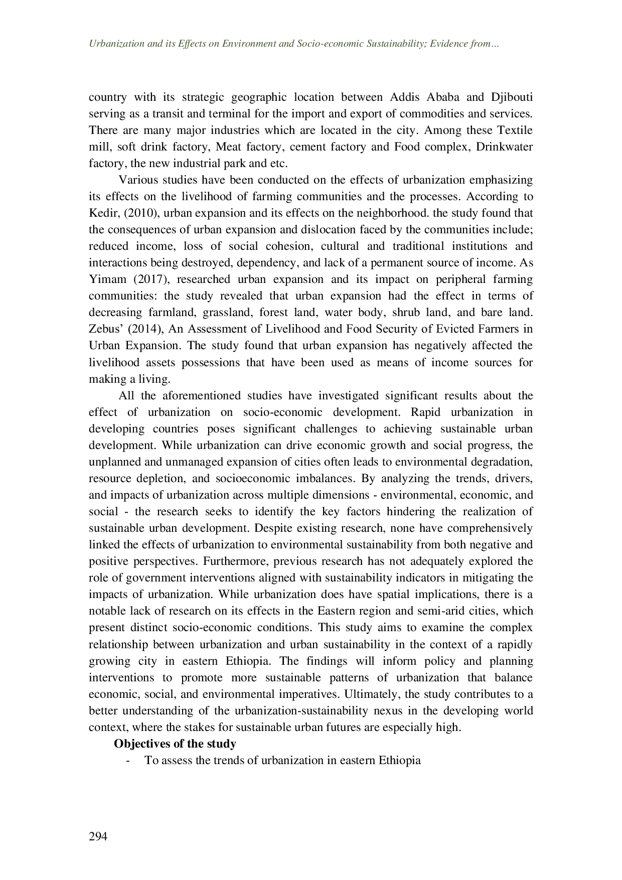JURIS Urbanization and its Effects on Environment and Socio economic Sustainability Evidence from Dire Dawa Ethiopia