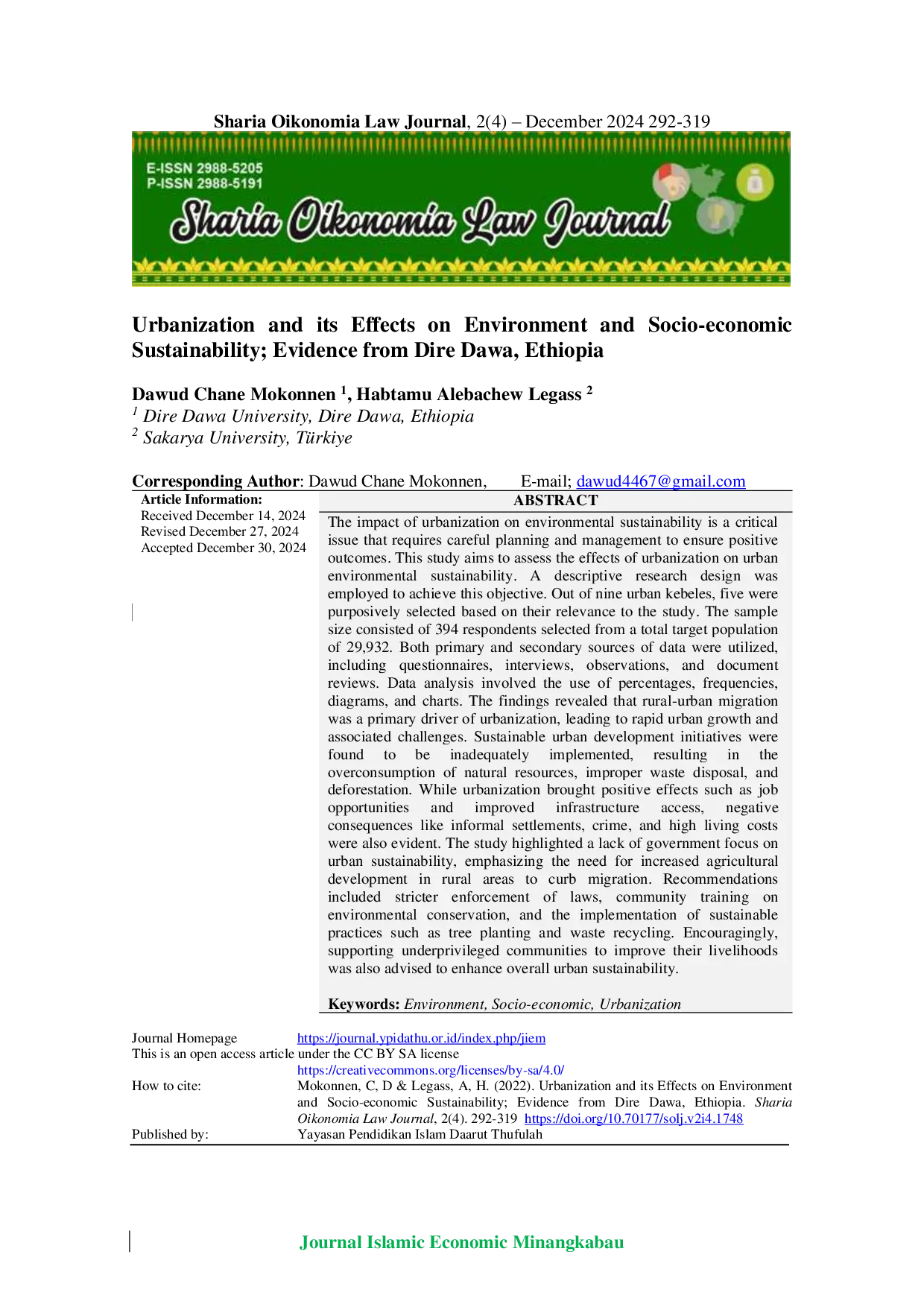 JURIS Urbanization and its Effects on Environment and Socio economic Sustainability Evidence from Dire Dawa Ethiopia