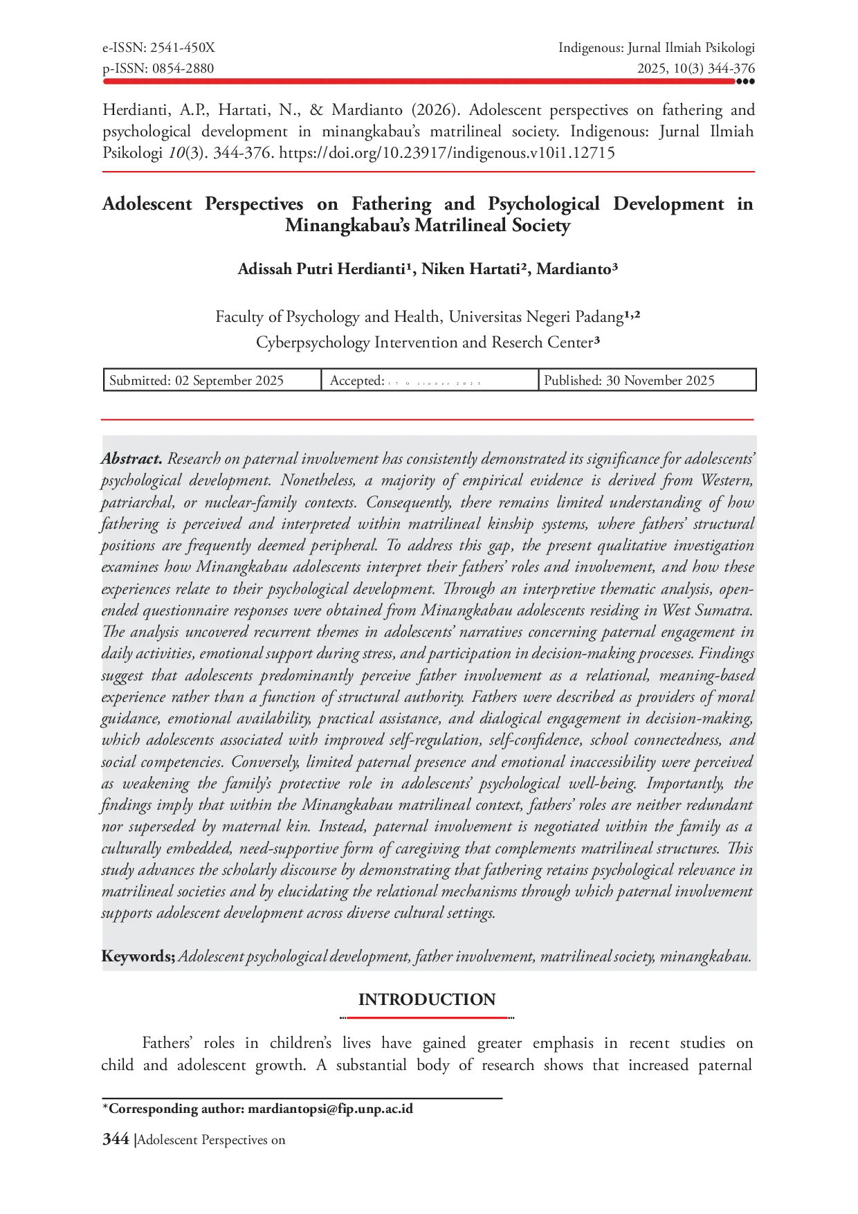 JURIS Adolescent Perspectives on Fathering and Psychological Development in Minangkabau s Matrilineal Society