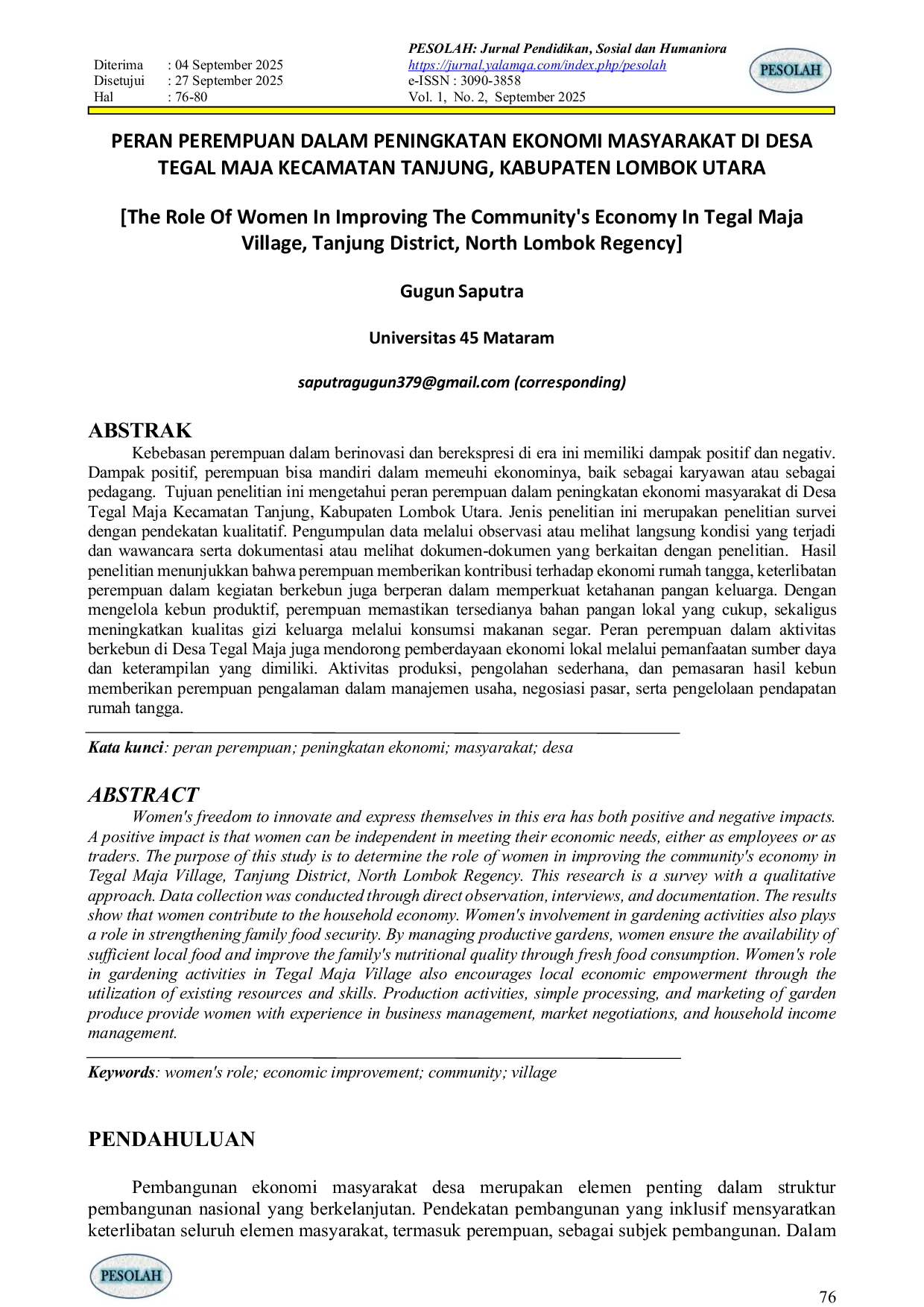 JURIS PERAN PEREMPUAN DALAM PENINGKATAN EKONOMI MASYARAKAT DI DESA TEGAL MAJA KECAMATAN TANJUNG KABUPATEN LOMBOK UTARA The Role Of Women In Improving The Community s Economy In Tegal Maja Village Tanjung