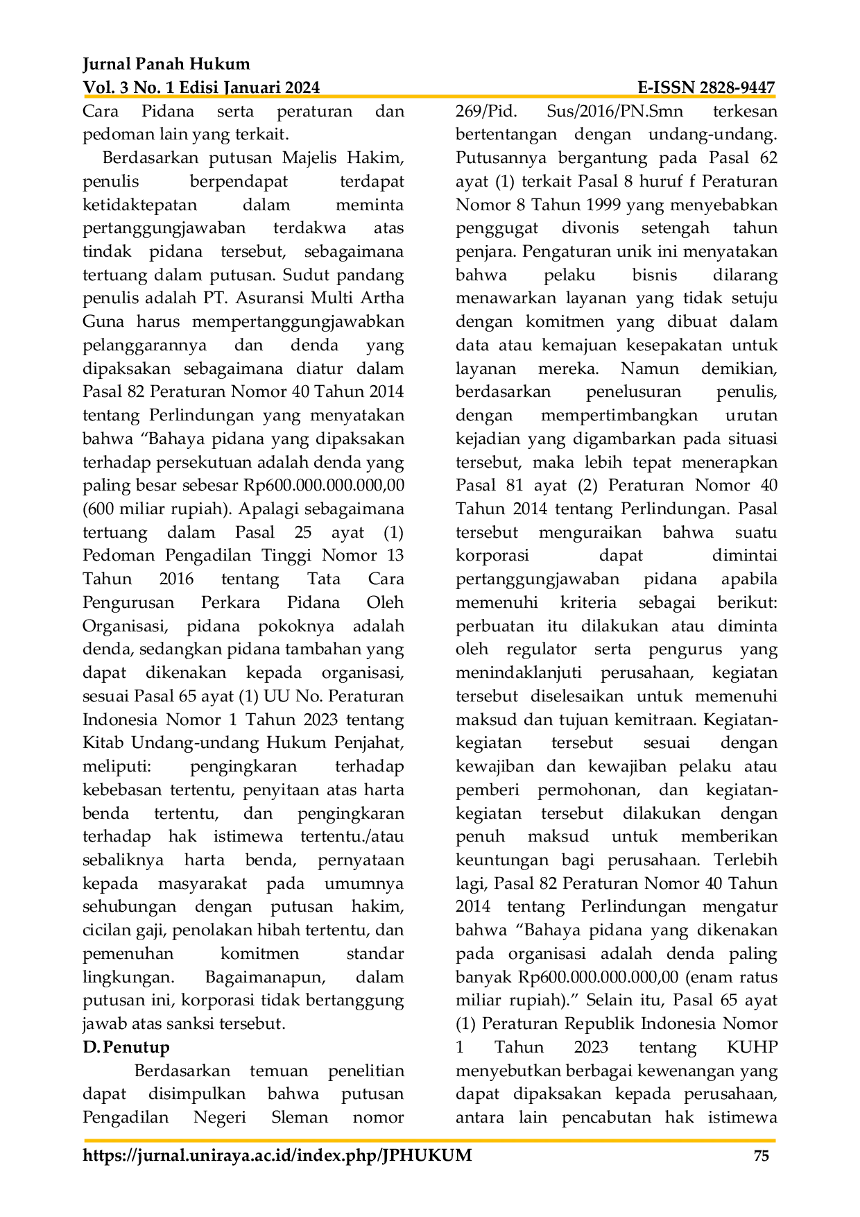 JURIS Pertanggungjawaban Terhadap Korporasi Asuransi Multi Artha Guna Dalam Pencairan Asuransi Kendaraan Bermotor