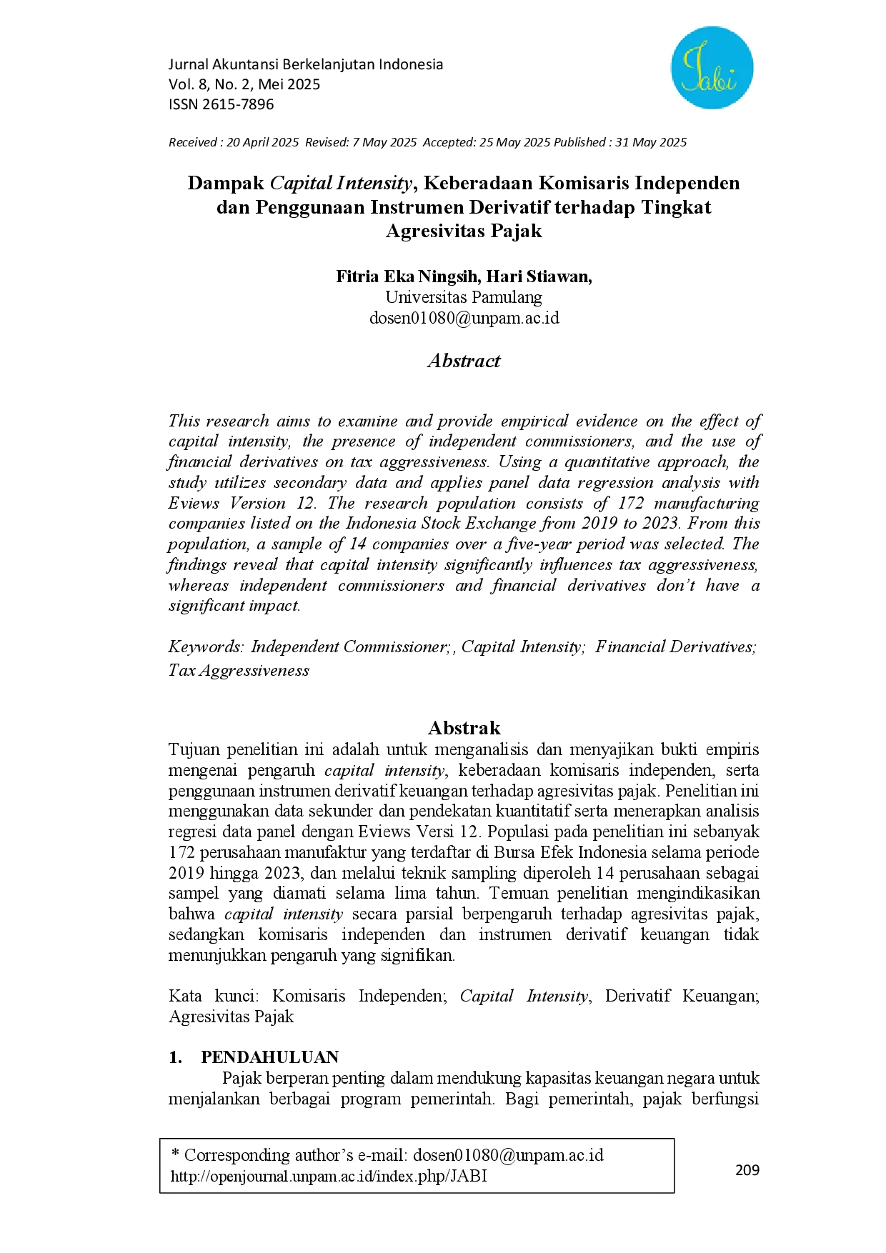 juris Dampak Capital Intensity Keberadaan Komisaris Independen dan Penggunaan Instrumen Derivatif terhadap Tingkat Agresivitas Pajak
