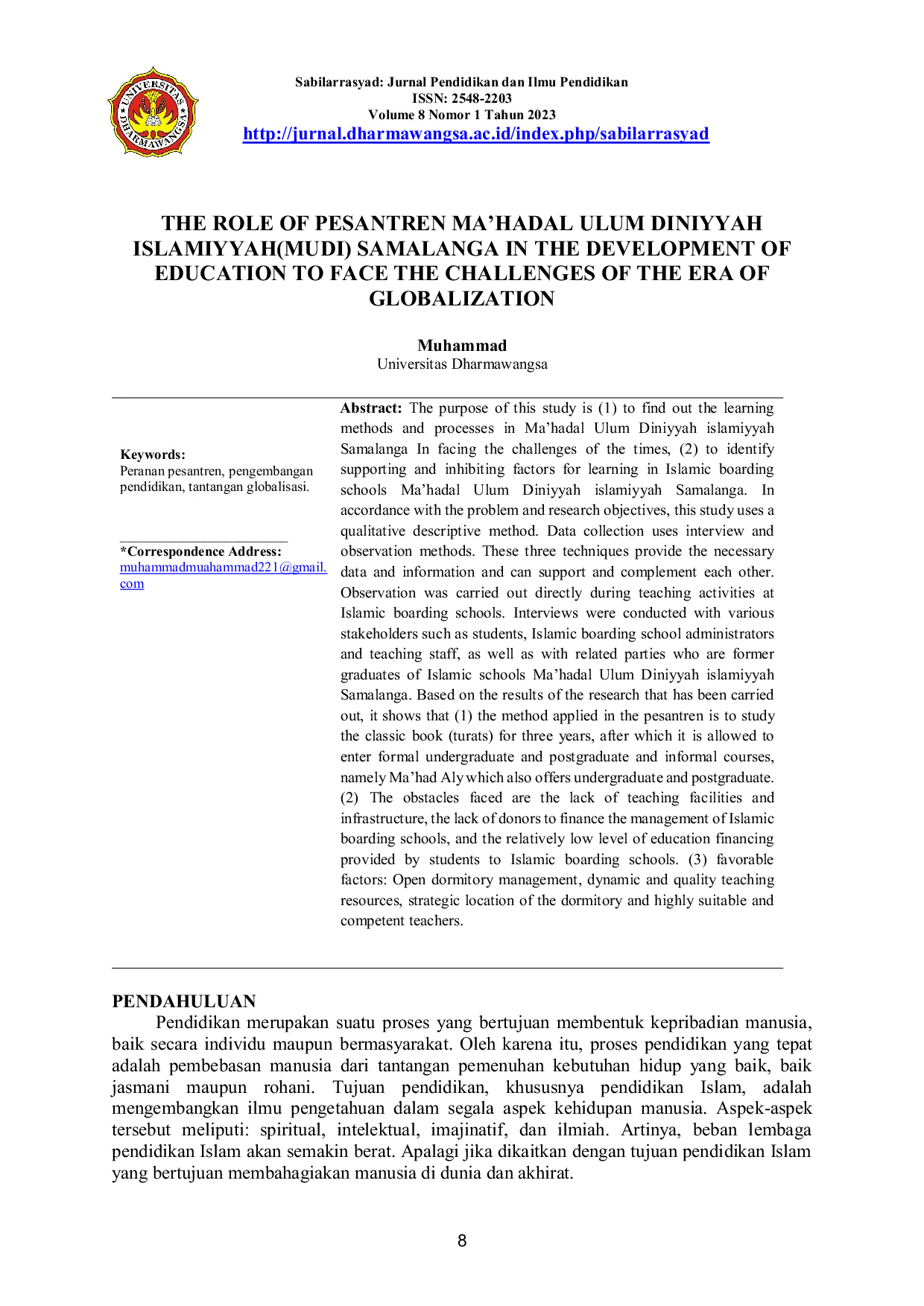 JURIS The Role of Pesantren Ma hadal Ulum Diniyyah Islamiyyah MUDI Samalanga in the Development of Education to Face the Challenges of the Era of Globalization