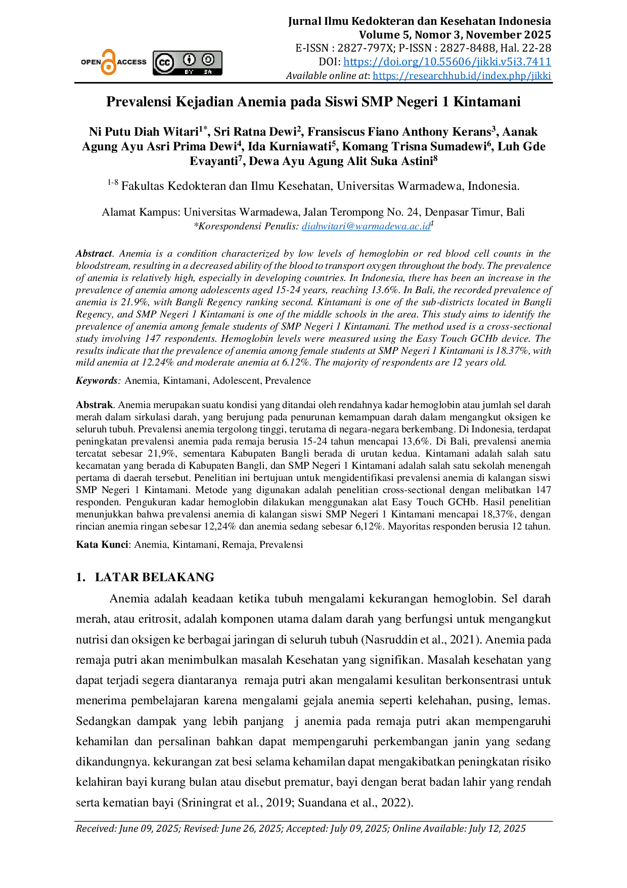 JURIS Prevalensi Kejadian Anemia pada Siswi SMP Negeri 1 Kintamani