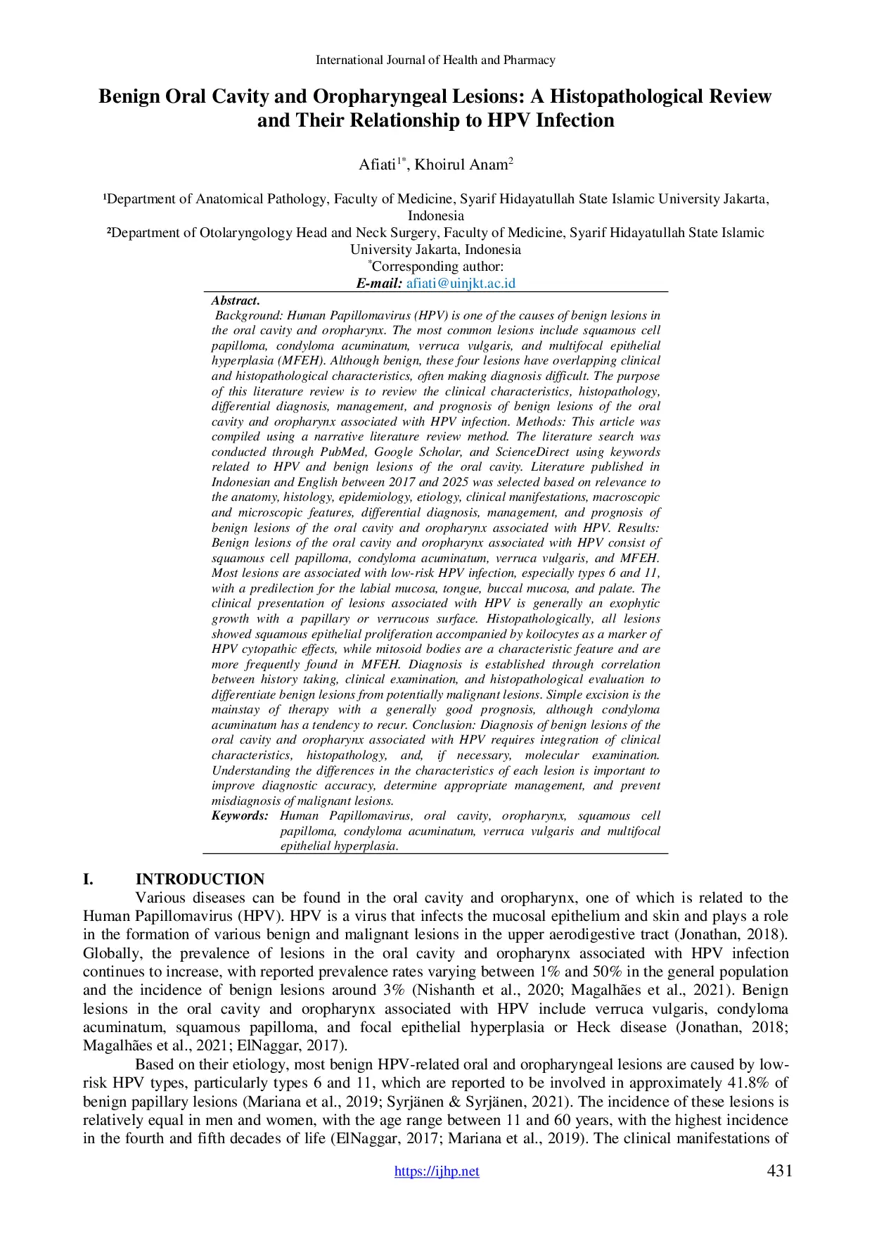 JURIS Benign Oral Cavity and Oropharyngeal Lesions A Histopathological Review and Their Relationship to HPV Infection