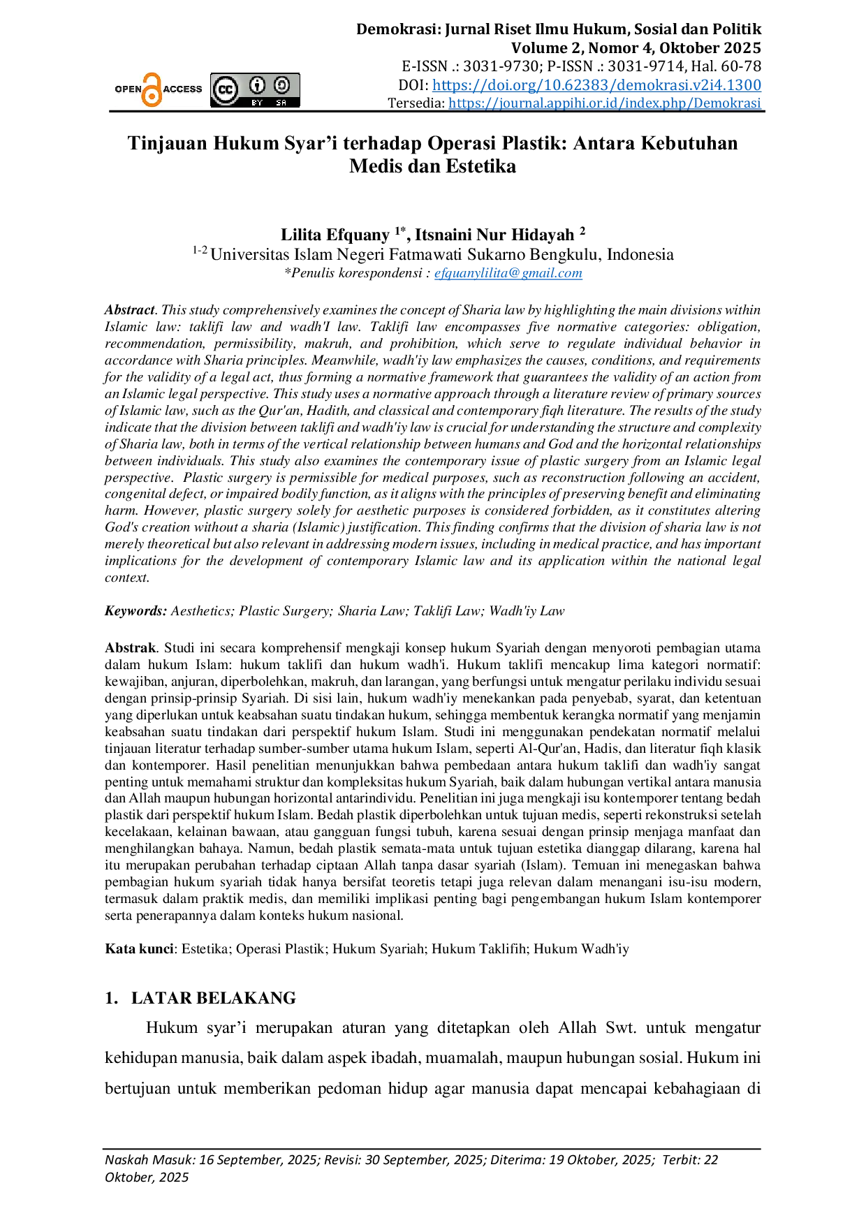 JURIS Tinjauan Hukum Syar i terhadap Operasi Plastik Antara Kebutuhan Medis dan Estetika