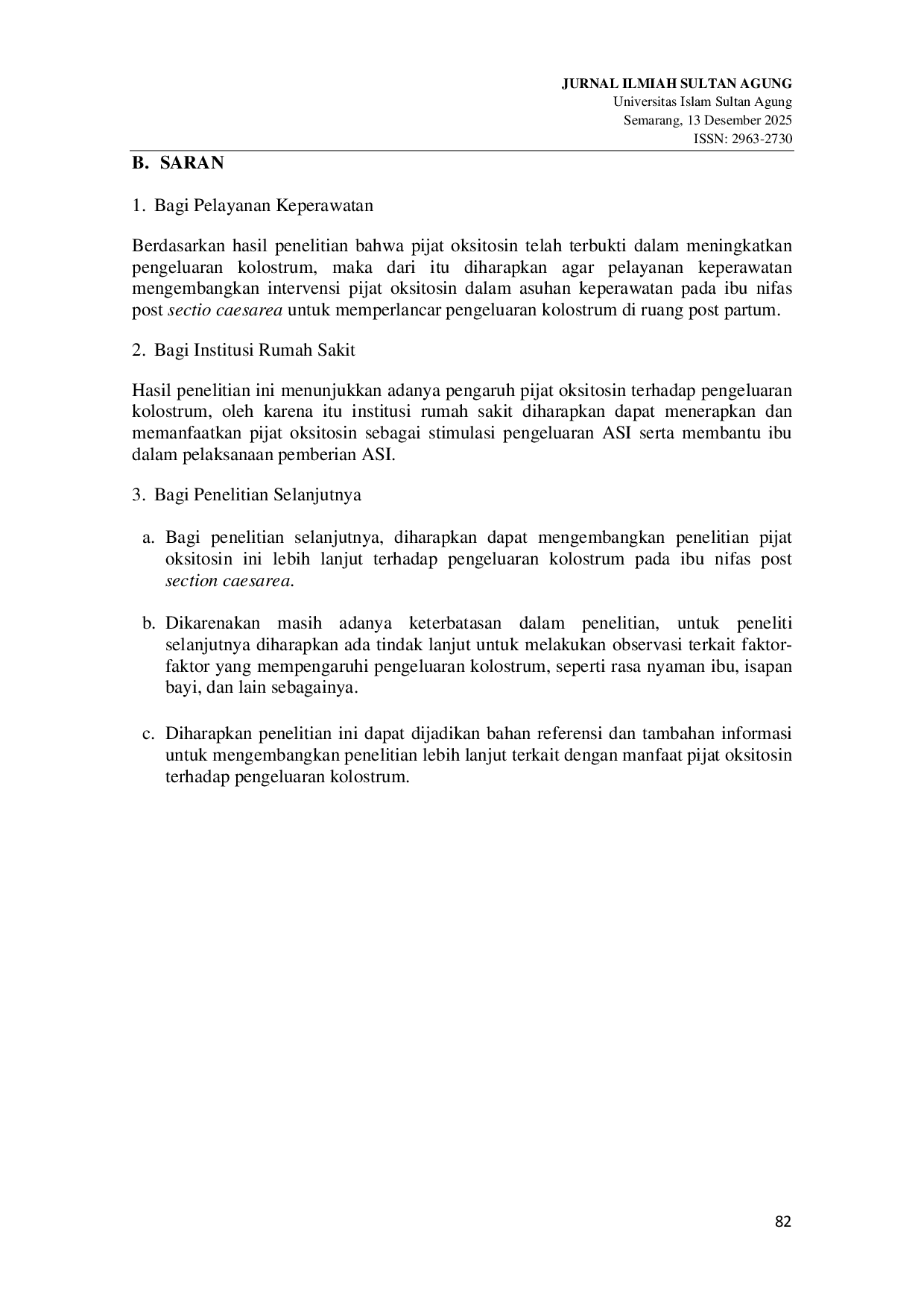 JURIS Pengaruh Pijat Oksitosin Ibu Nifas Post Sectio Caesarea Terhadap Pengeluaran Kolostrum Di Rumah Sakit Umum Kabupaten Tangerang
