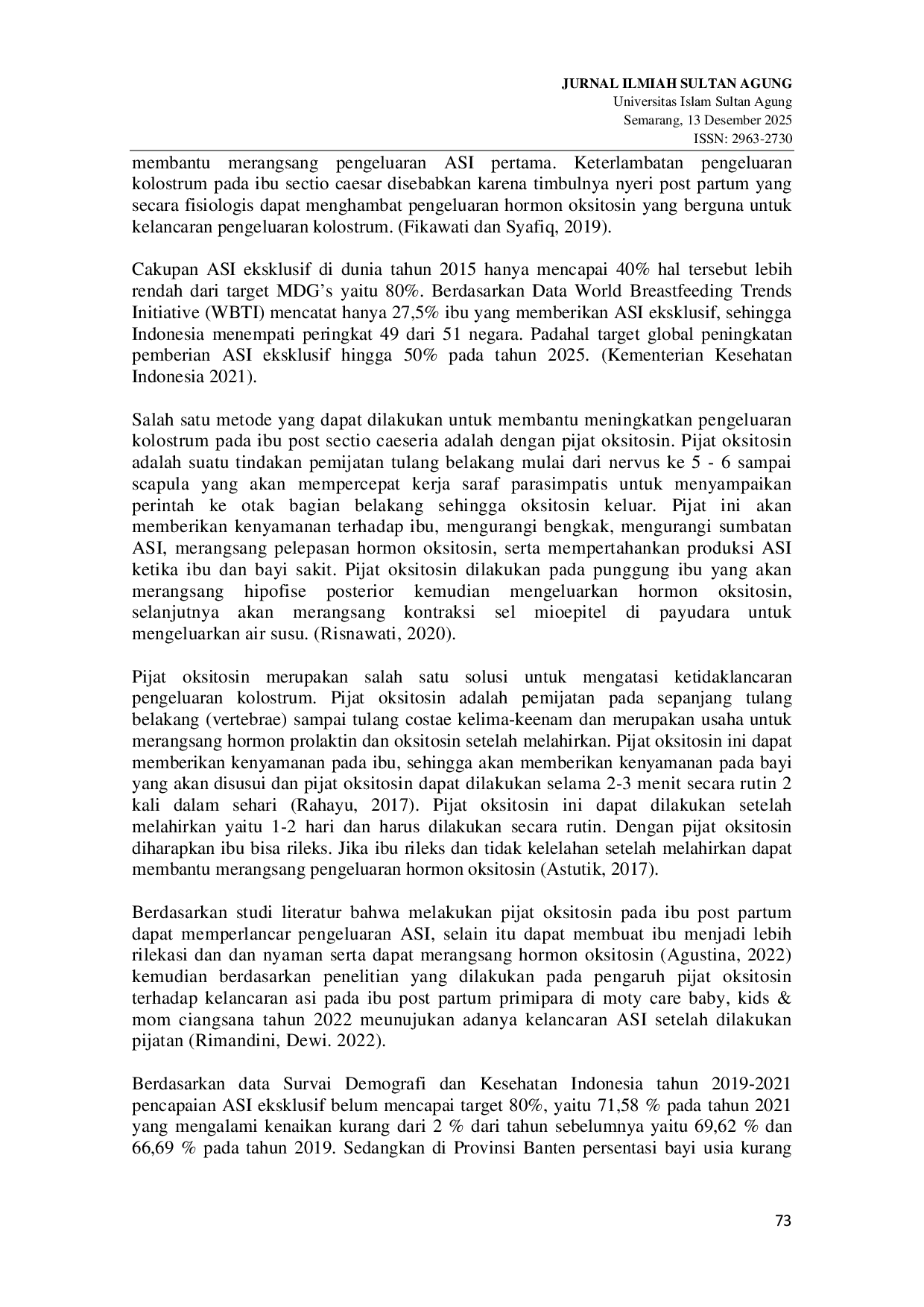 JURIS Pengaruh Pijat Oksitosin Ibu Nifas Post Sectio Caesarea Terhadap Pengeluaran Kolostrum Di Rumah Sakit Umum Kabupaten Tangerang