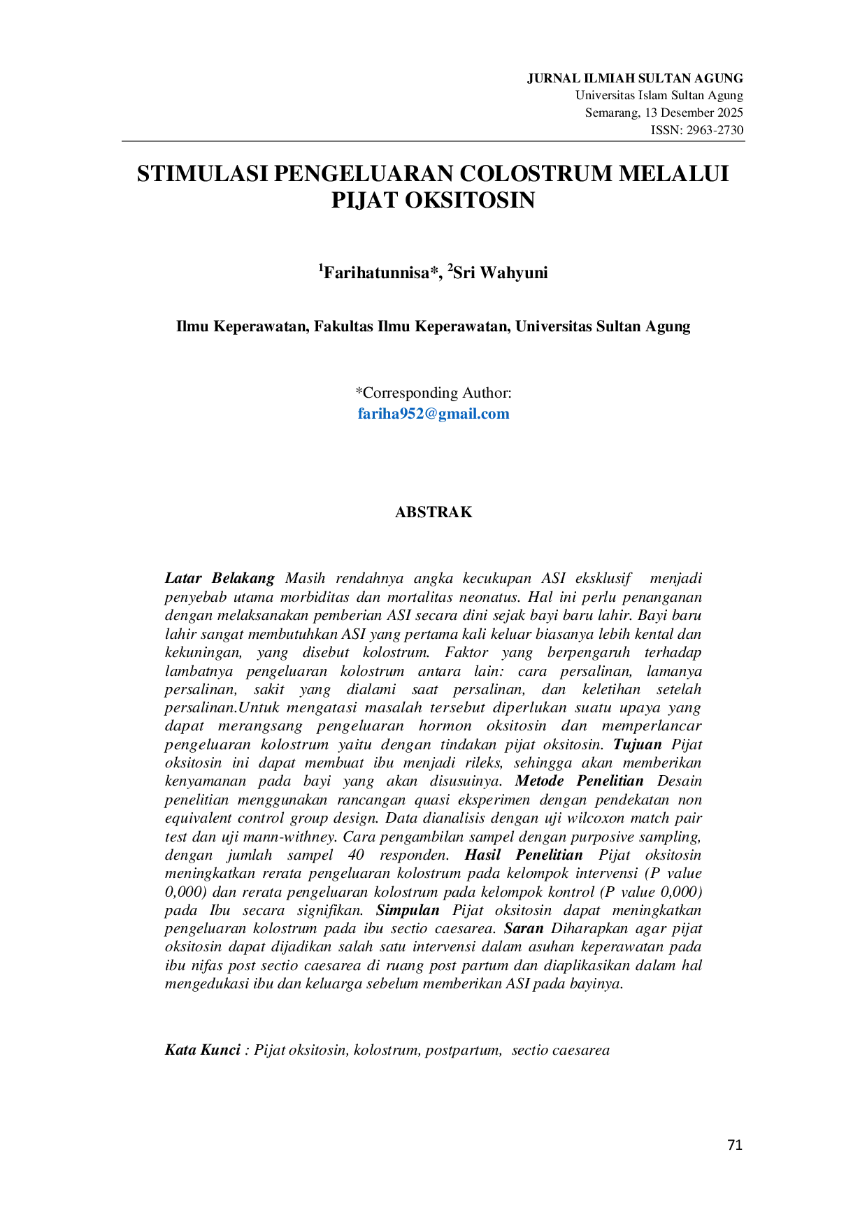 JURIS Pengaruh Pijat Oksitosin Ibu Nifas Post Sectio Caesarea Terhadap Pengeluaran Kolostrum Di Rumah Sakit Umum Kabupaten Tangerang